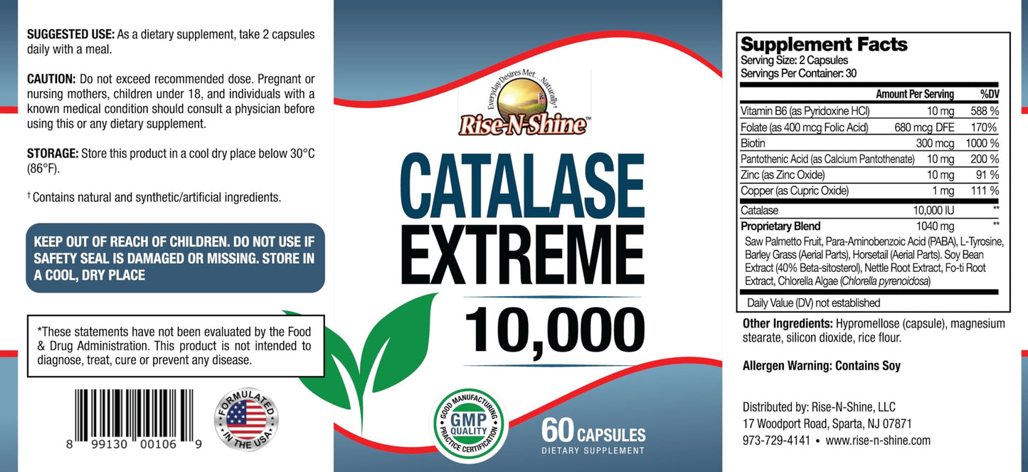 Rise-N-Shine Catalase Extreme Supplement 10,000 with Saw Palmetto, Biotin, Fo-Ti & PABA Capsules - 180 Count