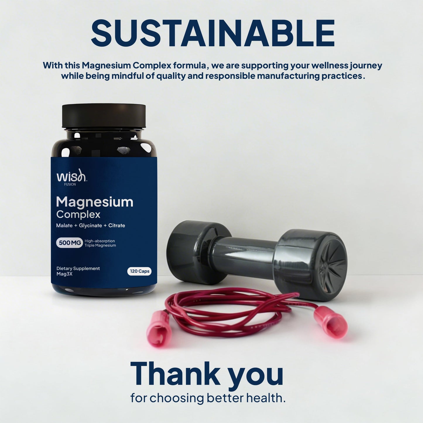 Wish Fusion Triple Magnesium Complex 500mg Magnesium Glycinate, Malate & Citrate Capsules, 120 Capsules