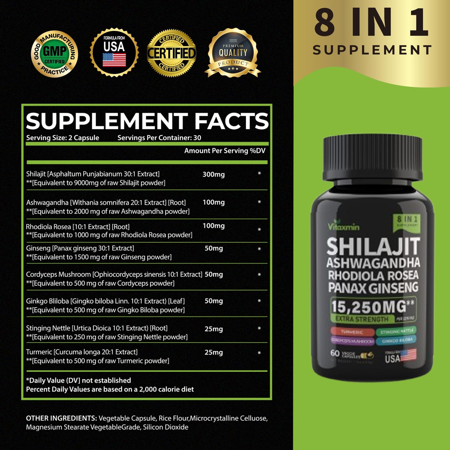 vitaxmin Shilajit and Ashwagandha Capsules, 8-in-1 Herbal Multivitamin for Men and Women, with Rhodiola Rosea, Ginseng, and Stinging Nettle, 60 Capsules