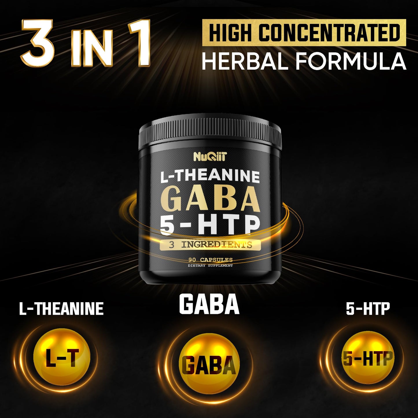 NUQIIT 3in1 GABA Supplements 750mg L-Theanine 200mg & 5-HTP (5-hydroxytryptophan) - Equivalent to 1000mg - Support Brain Health, Concentration, Comfortable Mood 90 Capsules