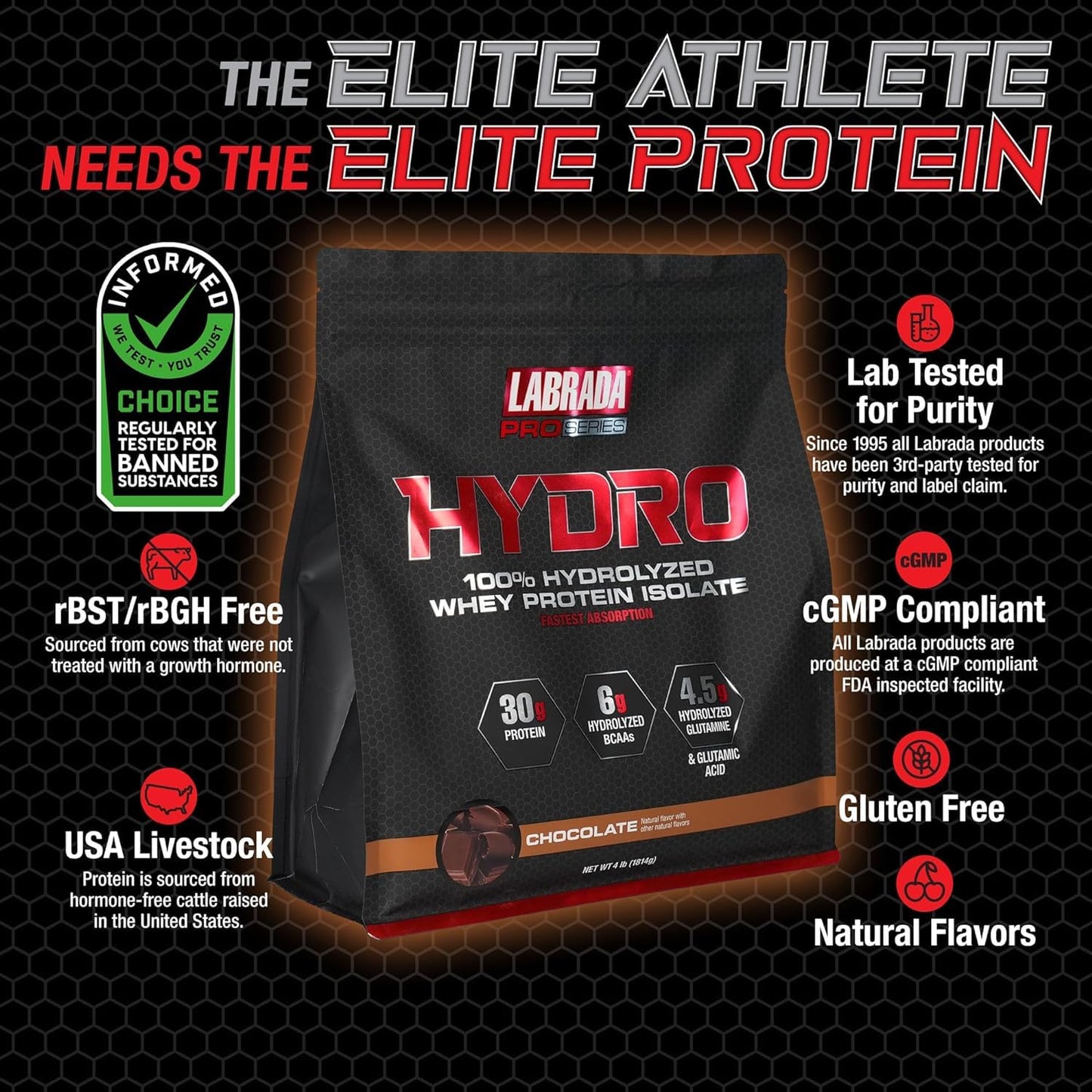 Labrada Hydro 100% Pure Hydrolyzed Whey Protein Isolate Powder, 64 Servings