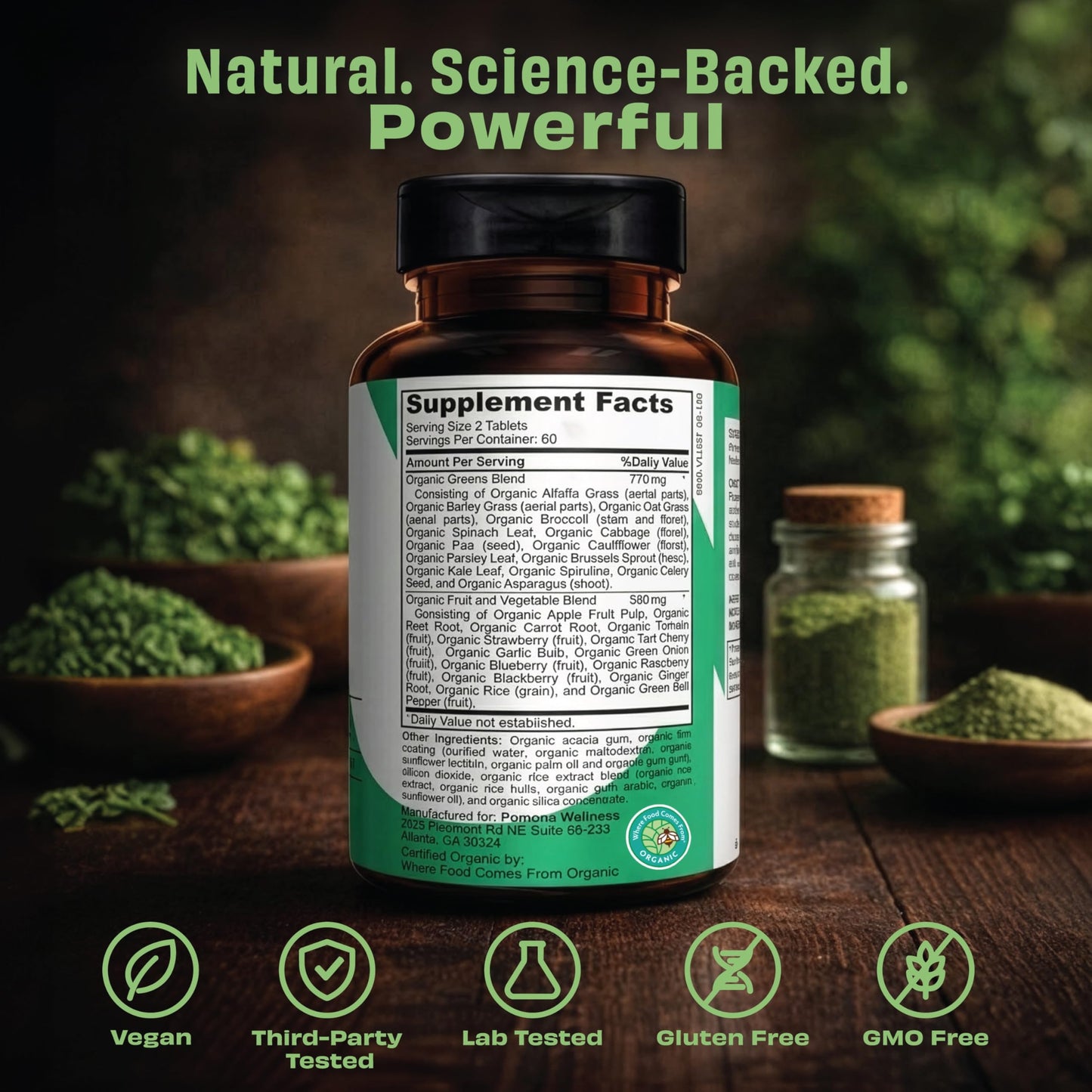 Pomona Wellness Super Greens Supplement, 60 Tablets