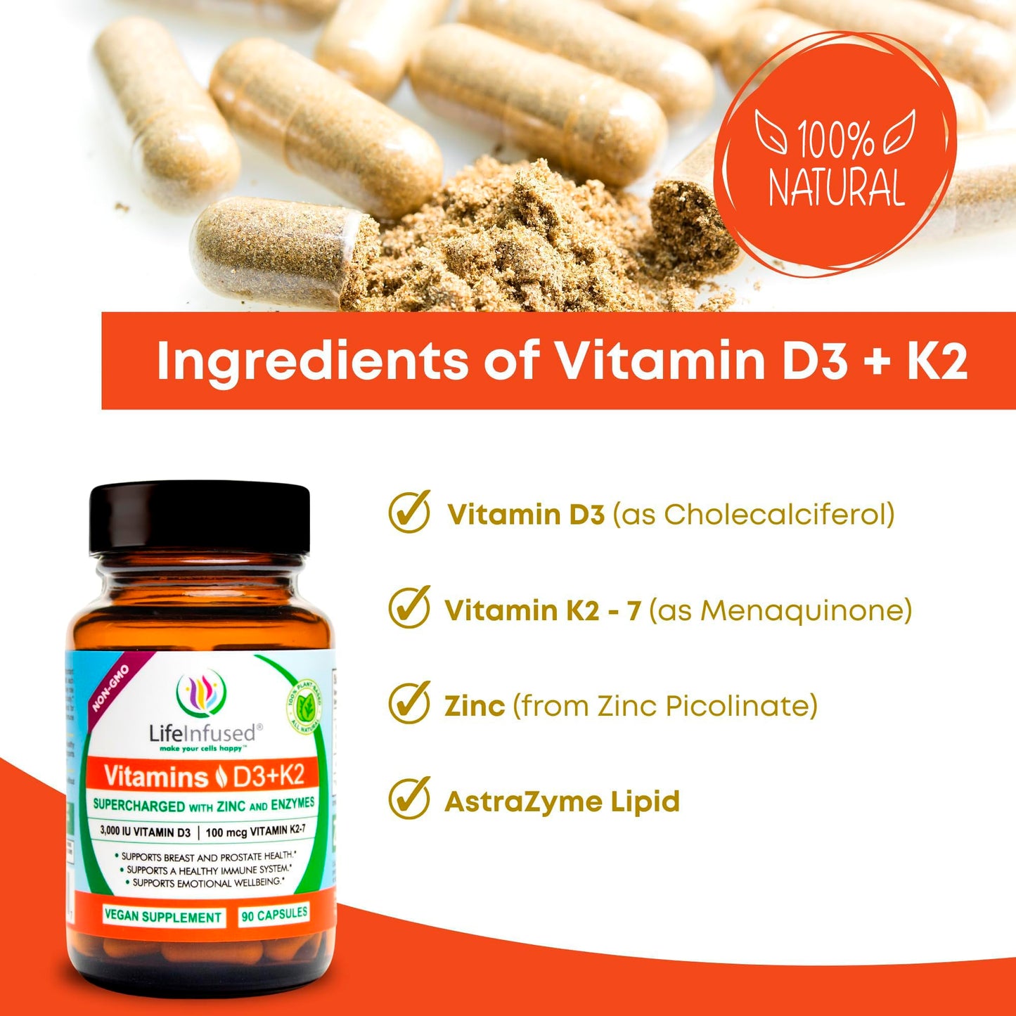 Life Infused Vitamin D3 + K2 Supplement with Zinc & Enzymes Capsules, 90 Count