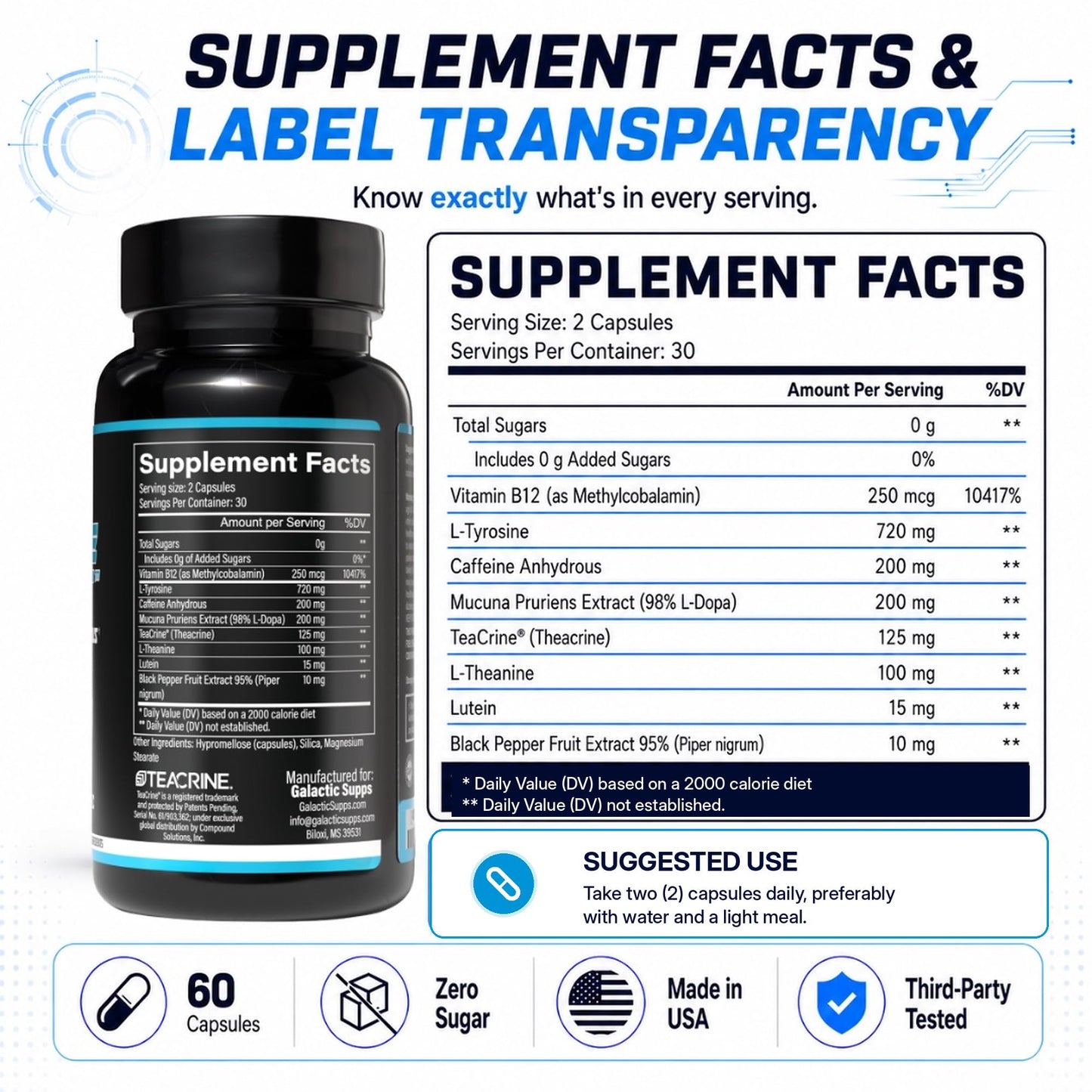GALACTIC SUPPS Space Dust Nootropic Brain Supplement for Focus, Energy & Memory Support – TeaCrine, L-Theanine, L-Tyrosine, Mucuna & Lutein – Cognitive and Screen Support – 60 Capsules