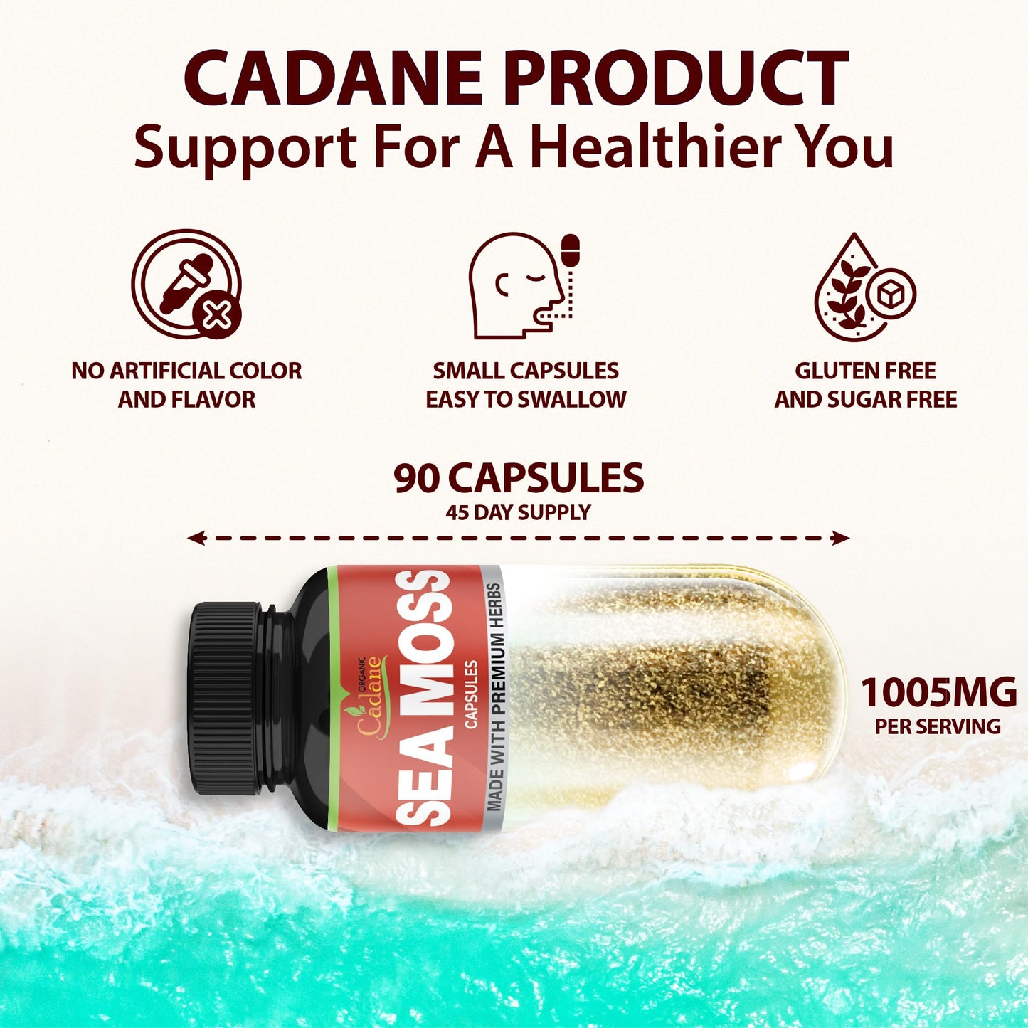 Organic Cadane Irish Sea Moss Extract Capsules 9in1 with VitC, VitD, Bladderwrack, Burdock Root, Elderberry & More – Immune Support & Overall Health, 90 Capsules