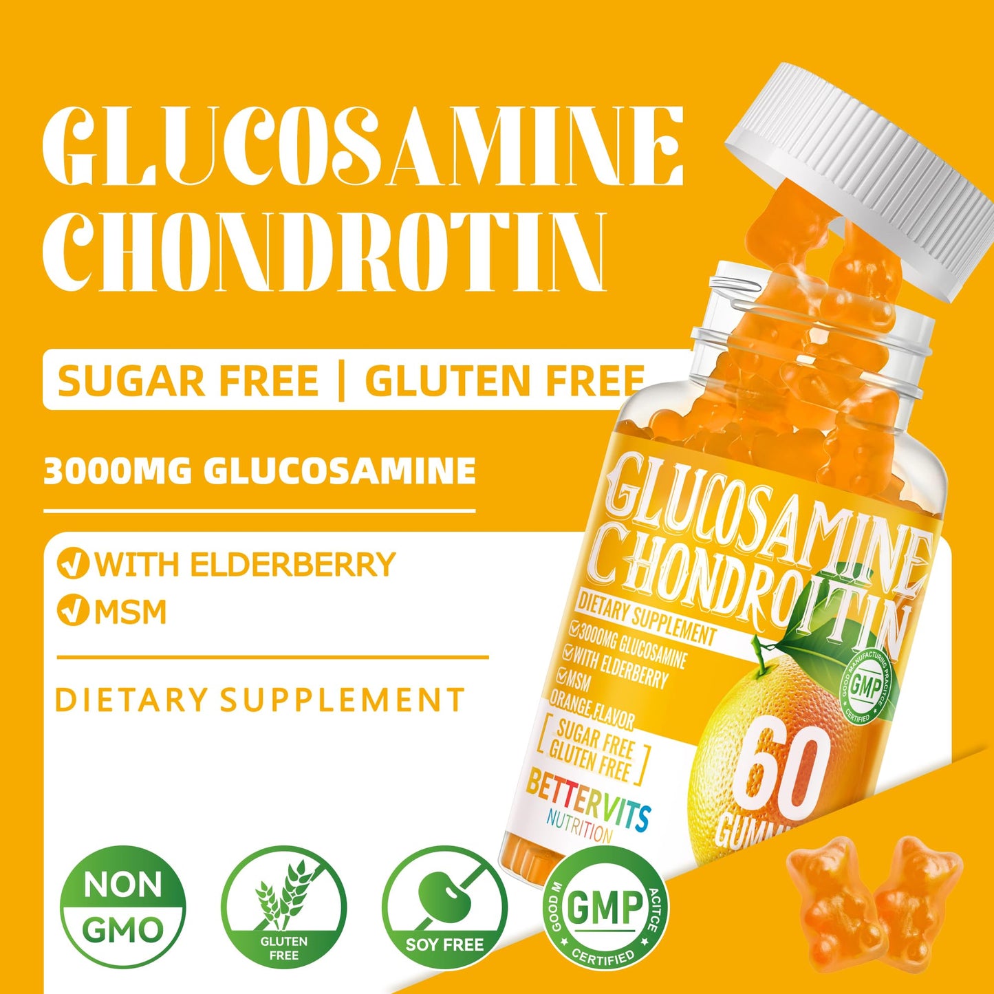 Bettervits Nutrition Glucosamine Chondroitin Gummies with MSM & Elderberry Extra Strength, 120 Gummies