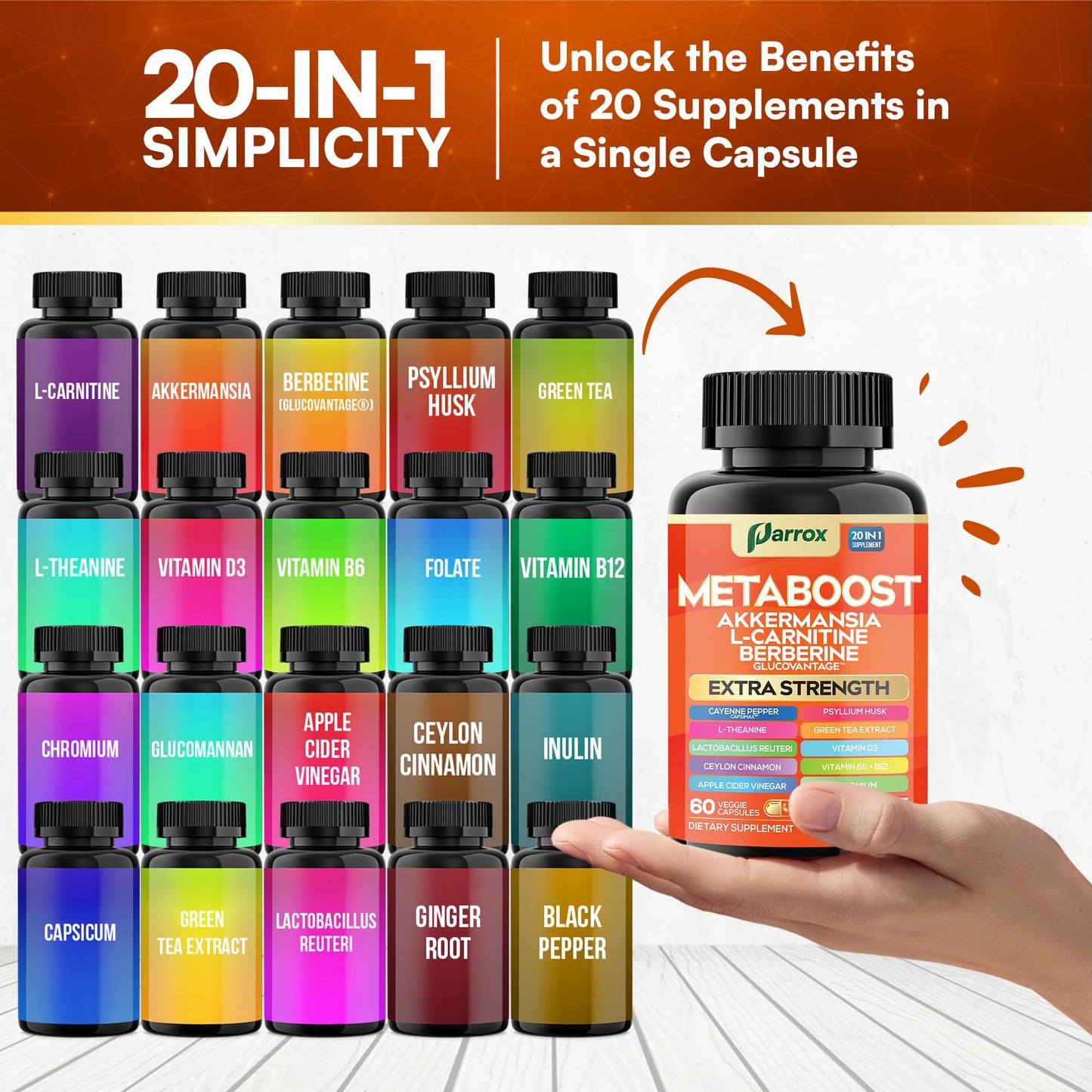 Parrox GLP-1 Booster Supplement, 20-in-1 Plant-Based Capsule, 60 Count