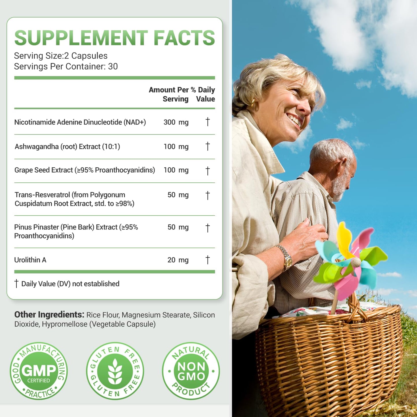 Nature Whisper NAD+ Supplement 620mg 6-in-1 with Resveratrol Ashwagandha Capsules, 60 Count