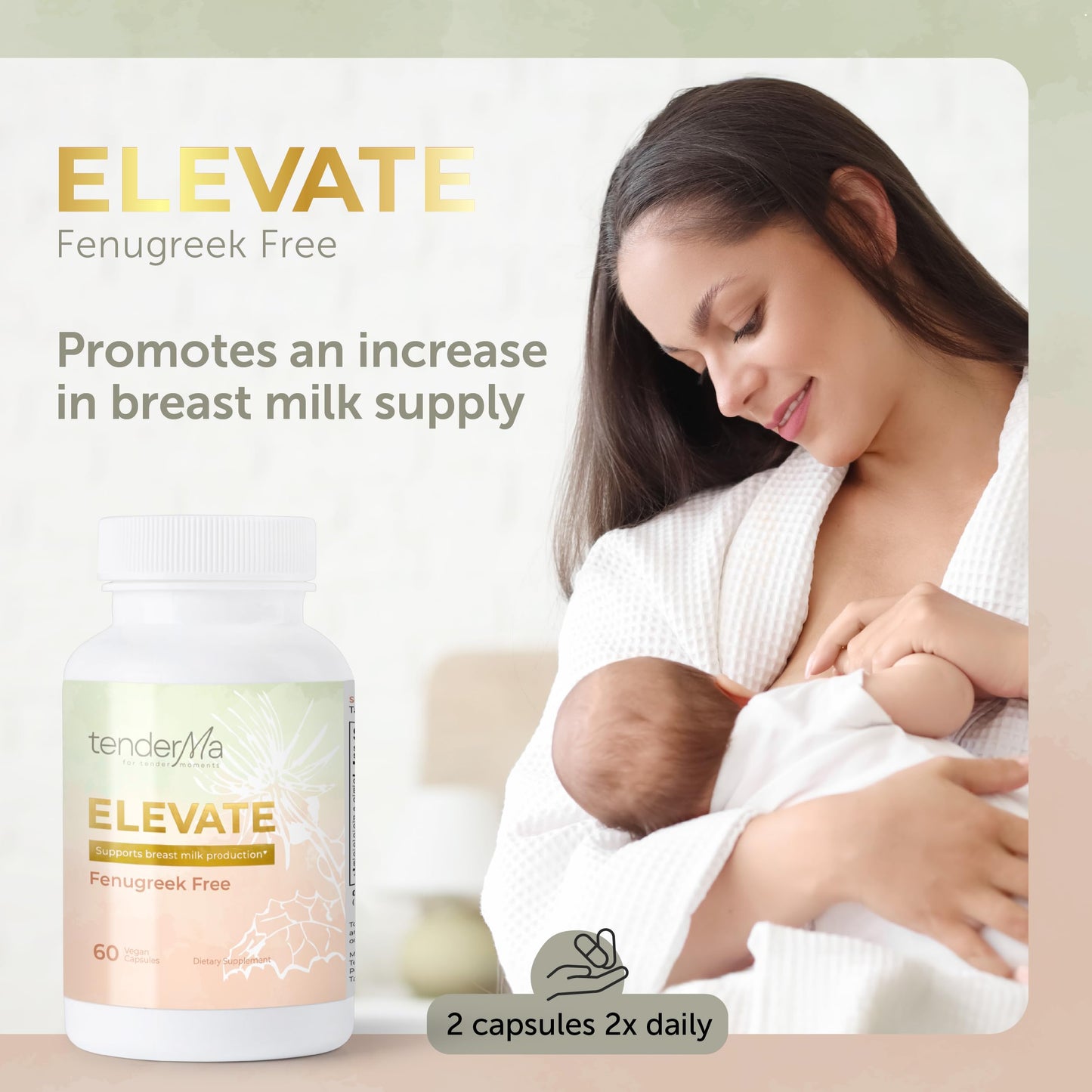 tenderMa Lactation Supplement Elevate Fenugreek-Free with Organic Goat’s Rue and Lion’s Mane, Blessed Thistle & Brewer’s Yeast, Vegan, Non-GMO, Herbal Breastfeeding Support, 60 Capsules