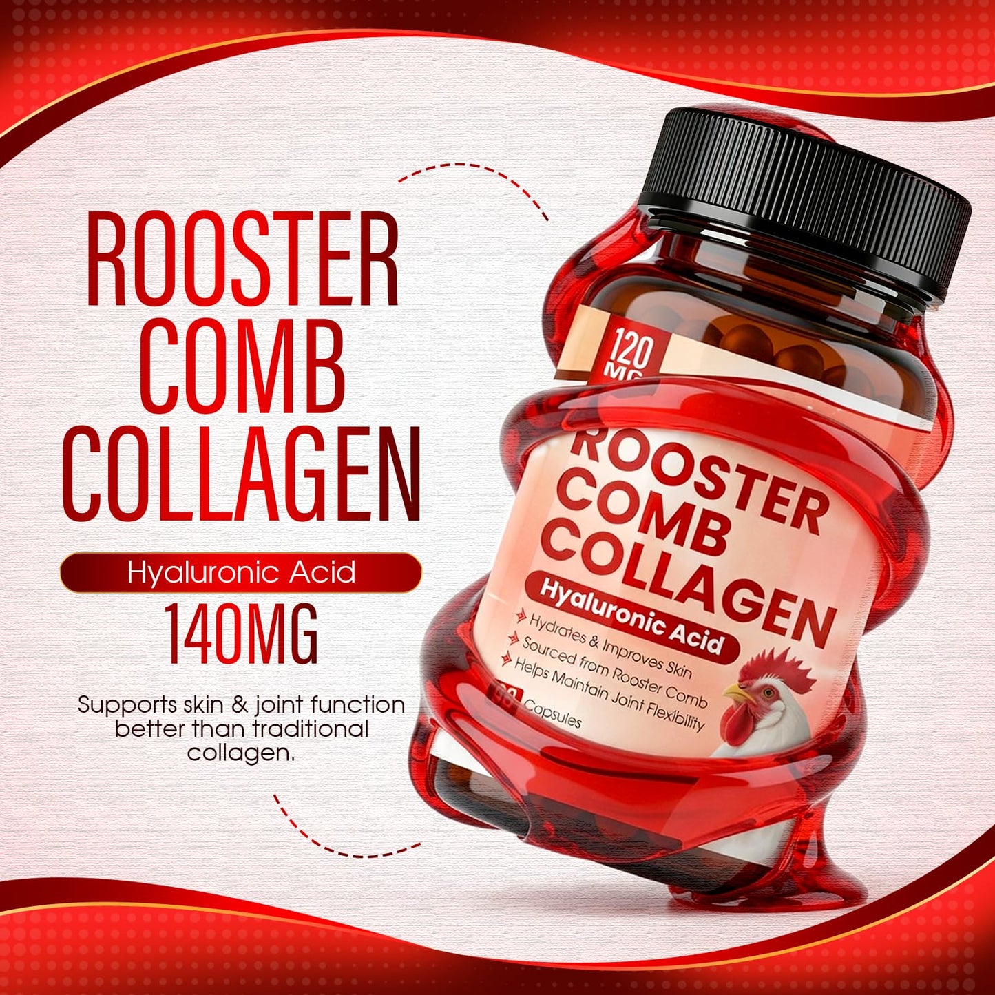 Aevezom Rooster Comb Collagen & Hyaluronic Acid Supplement, Rooster Comb Extract 140 mg, 90 Capsules