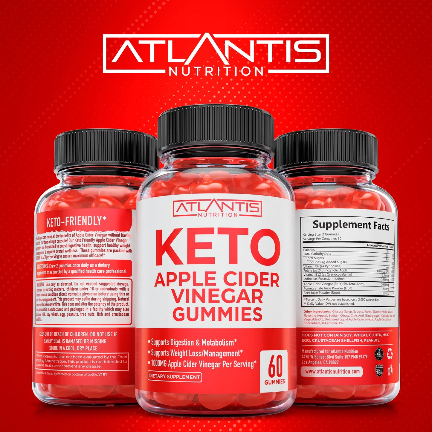 Atlantis Nutrition Keto Apple Cider Vinegar Gummies + Tart Cherry Gummies with Celery Seed Extract, 60 Gummies