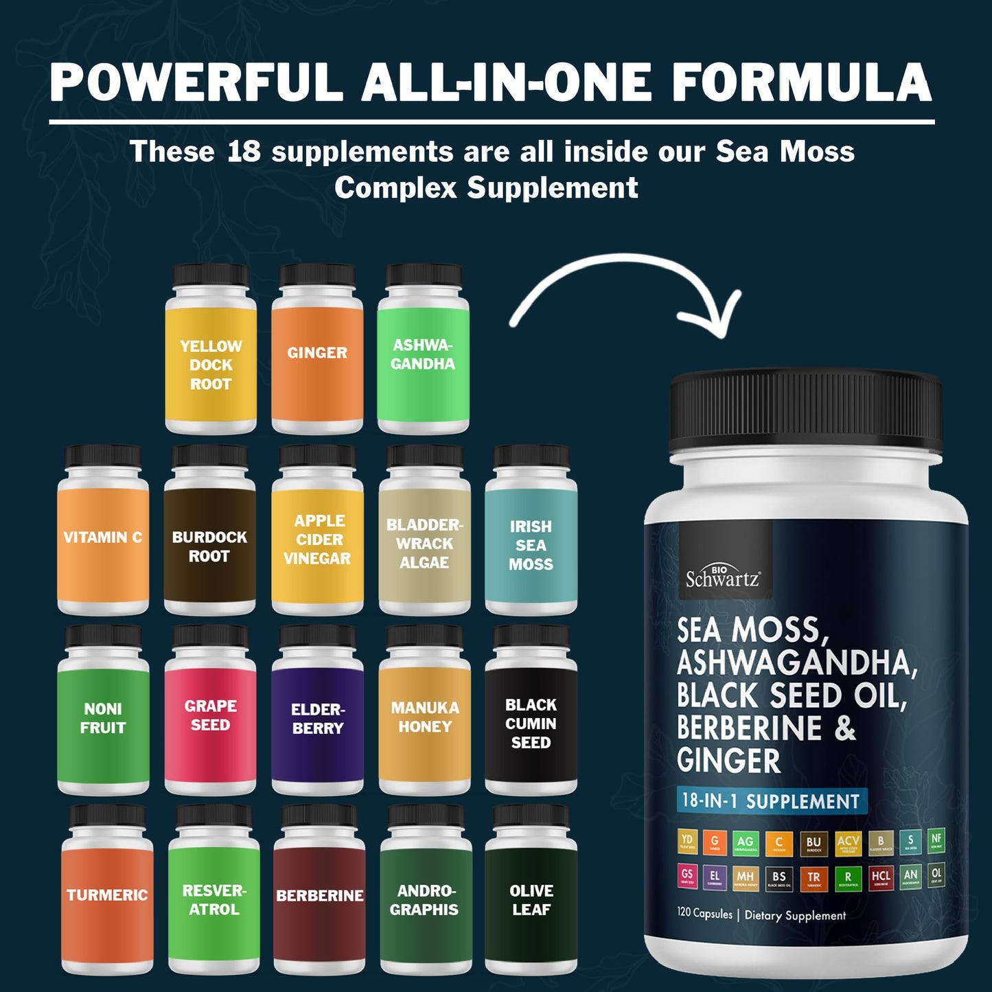 BioSchwartz Sea Moss Black Seed Oil Ashwagandha Ginger Supplement with Turmeric Berberine HCI Burdock Bladderwrack Resveratrol Elderberry Manuka Honey Apple Cider Vinegar ACV Capsules 120