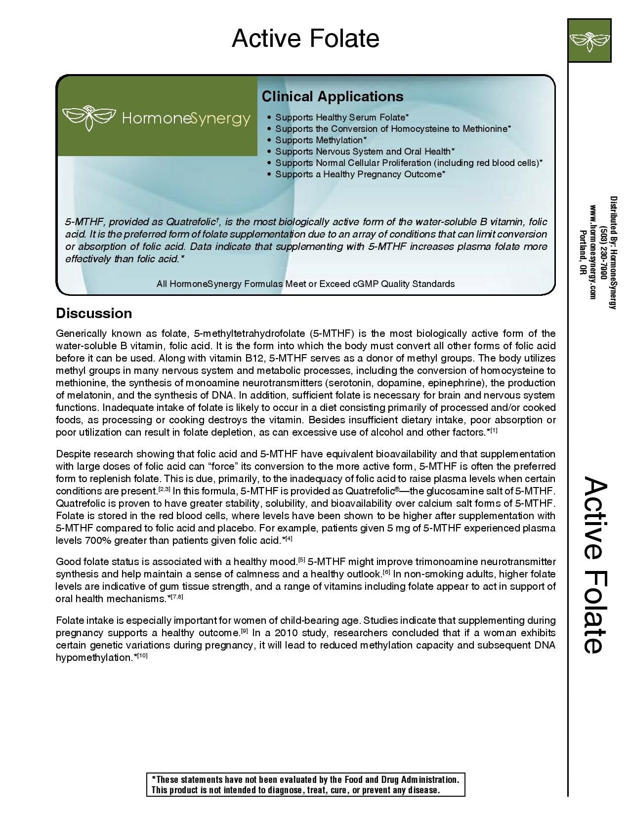 HormoneSynergy Active Folate ES 5-MTHF 10,000 mcg per Serving Bioactive Folate as Quatrefolic Capsule, 60 Veg Caps