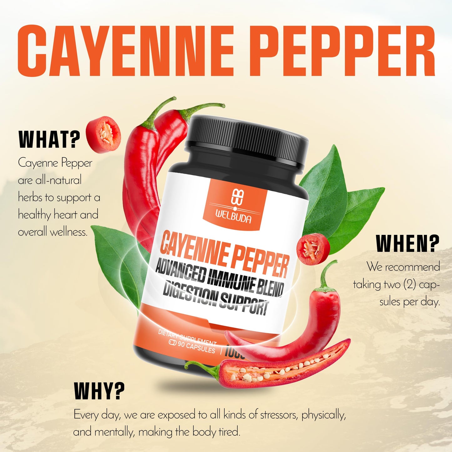WELBUDA Cayenne Pepper 1000mg Capsules, 90 Veggie Capsules
