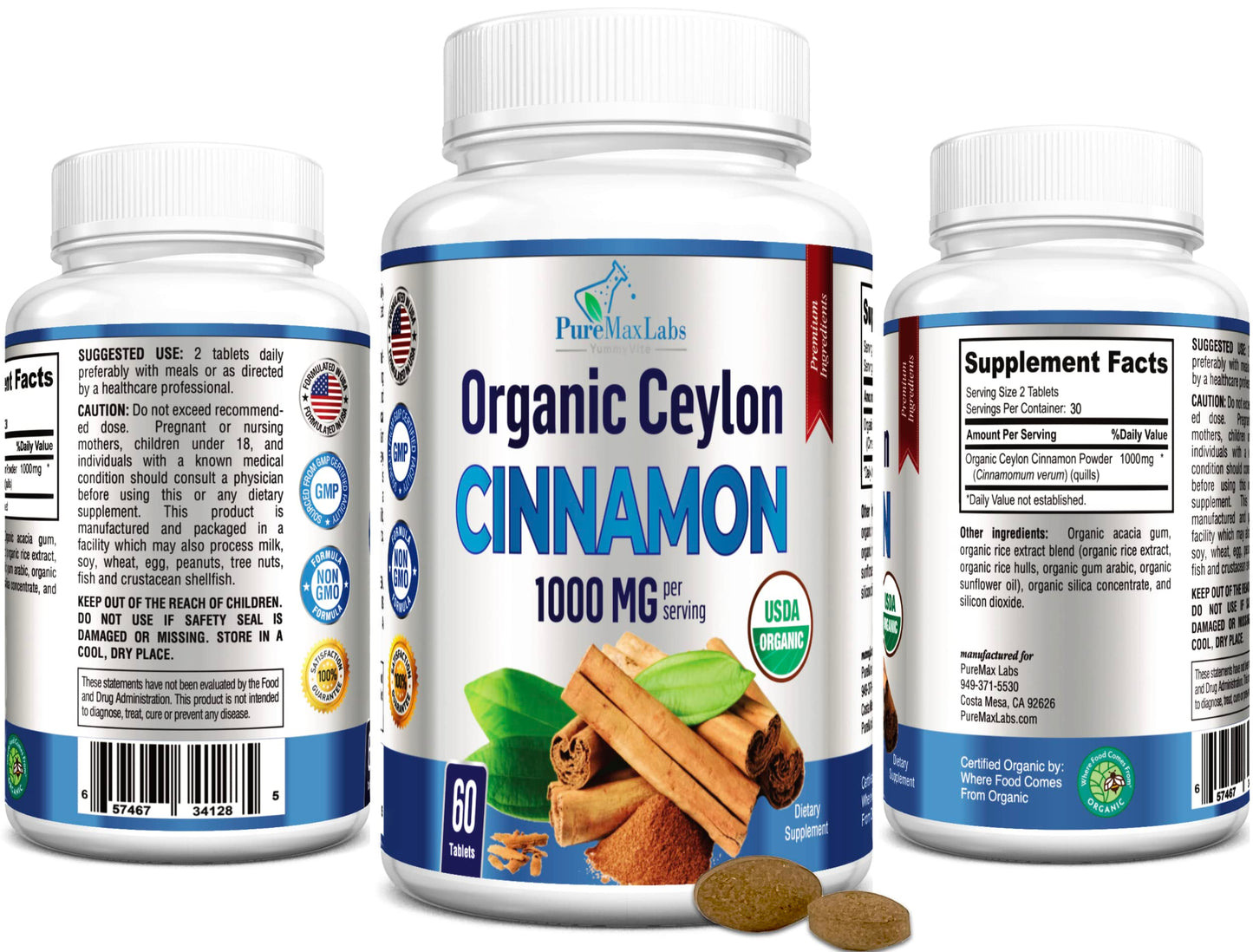 YUMMYVITE Organic Ceylon Cinnamon 1000mg per Serving Tablet, 60 Tablets