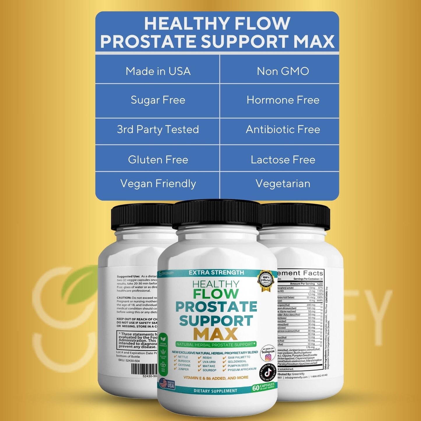 GREENVIFY Extra Strength Healthy Flow Prostate Support Max Natural Herbal Supplement Capsules 60 Count