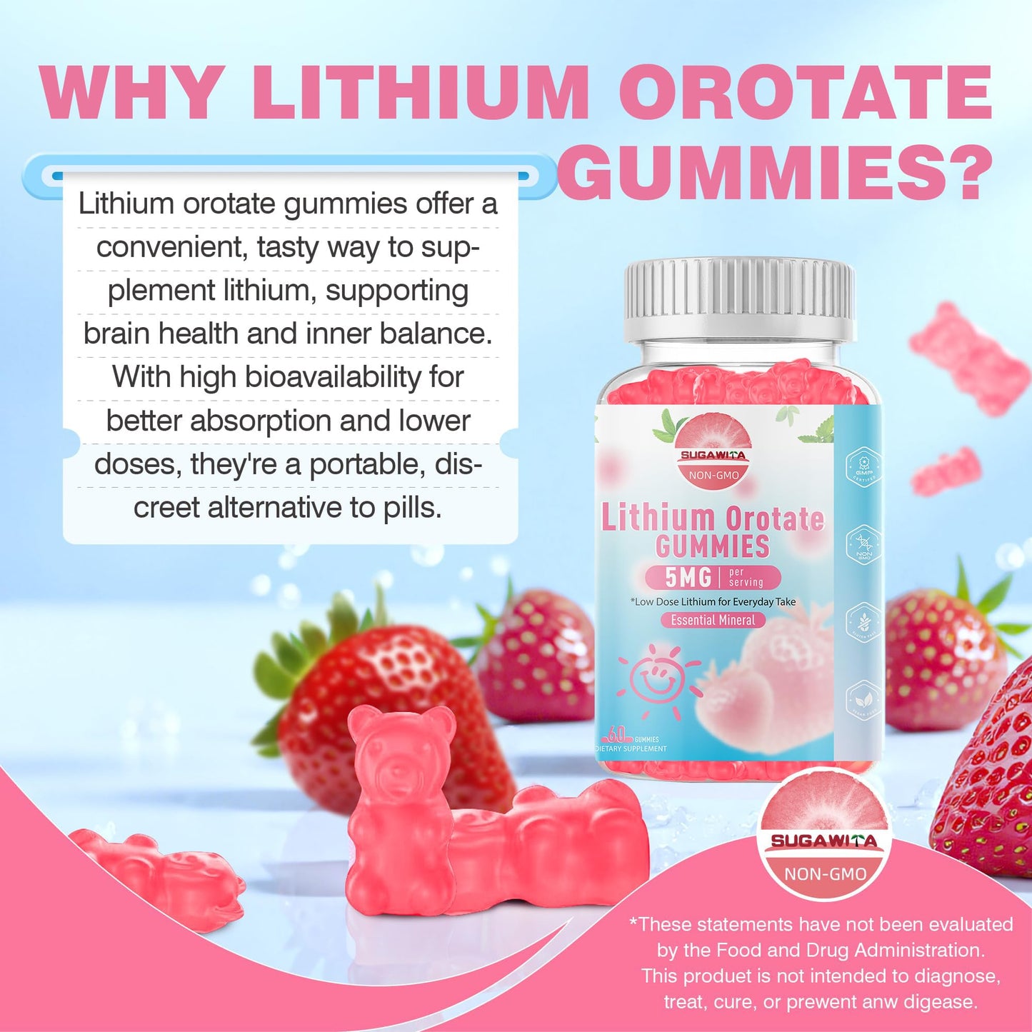 SUGAWITA Lithium Orotate 5mg Gummies, 60 Count
