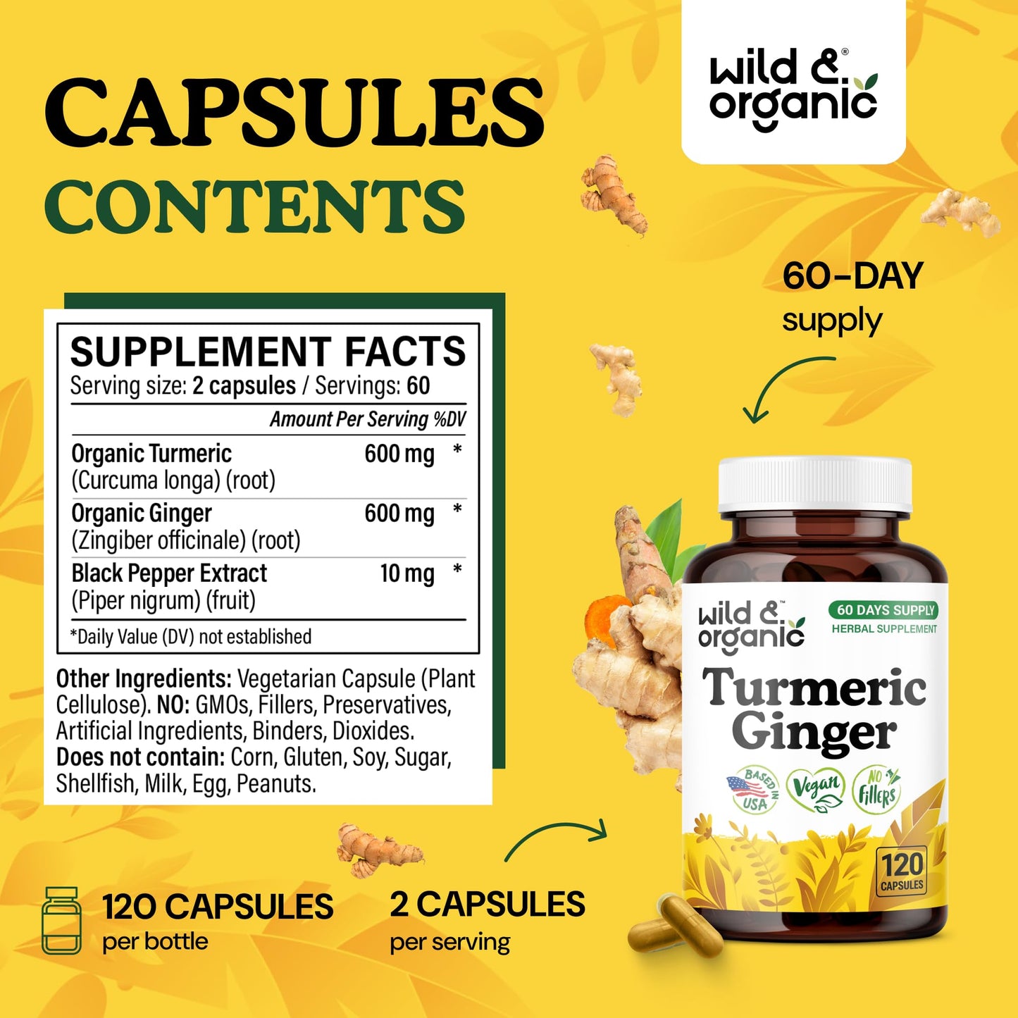 Wild & Organic Turmeric and Ginger Supplement Capsules 120 Count