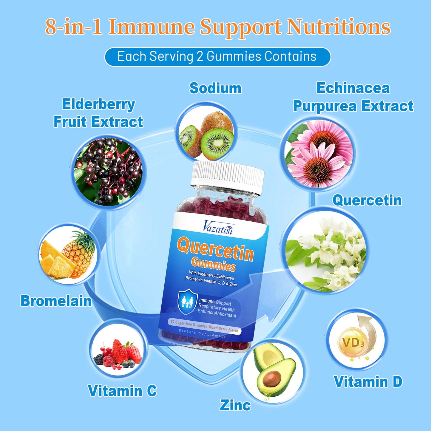 Vazatisi Quercetin with Bromelain Gummies, Vitamin C, Zinc & Elderberry for Immune Support, Mixed Berry, 120 Gummies