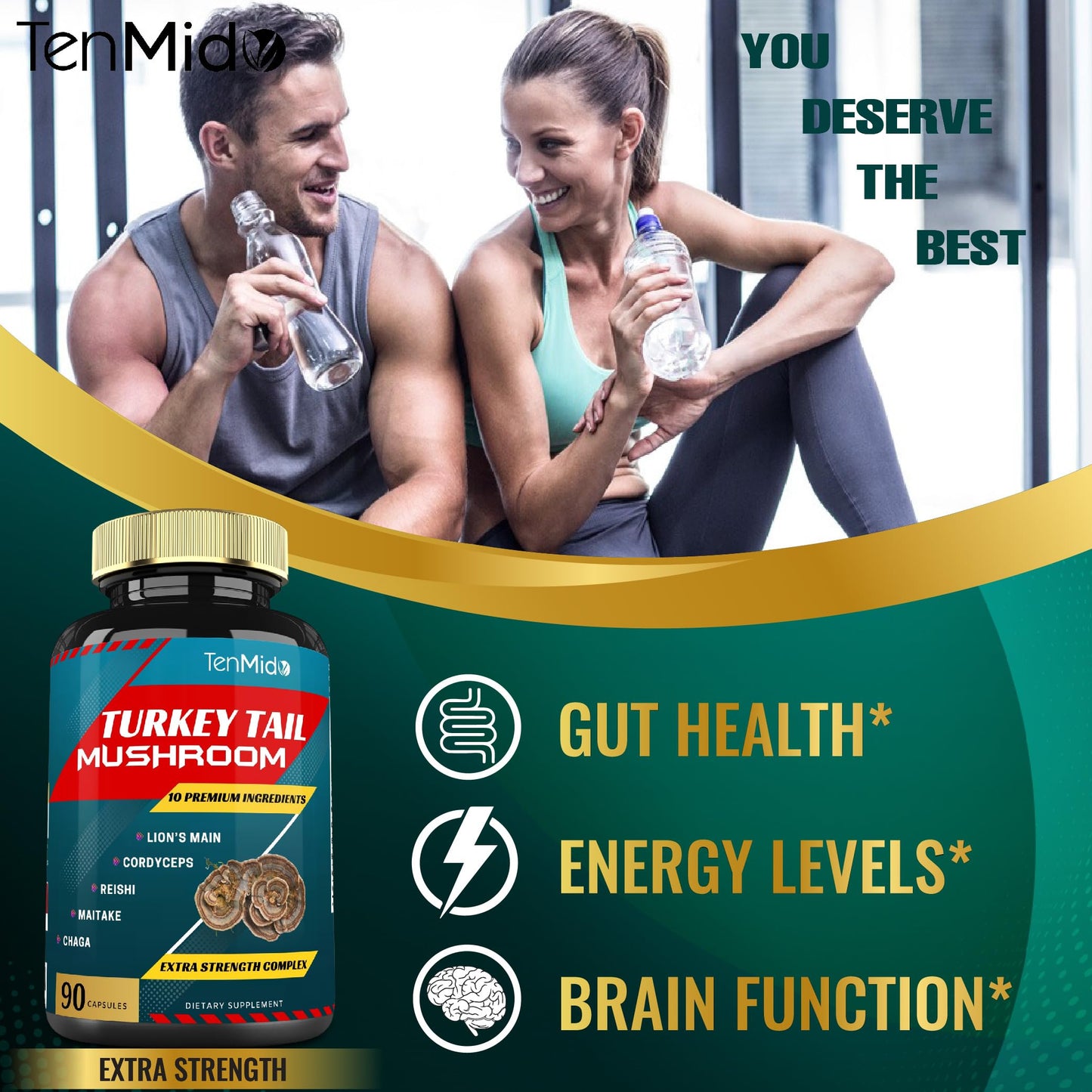 Tenmido Turkey Tail Mushroom Supplement Capsules 90 Count