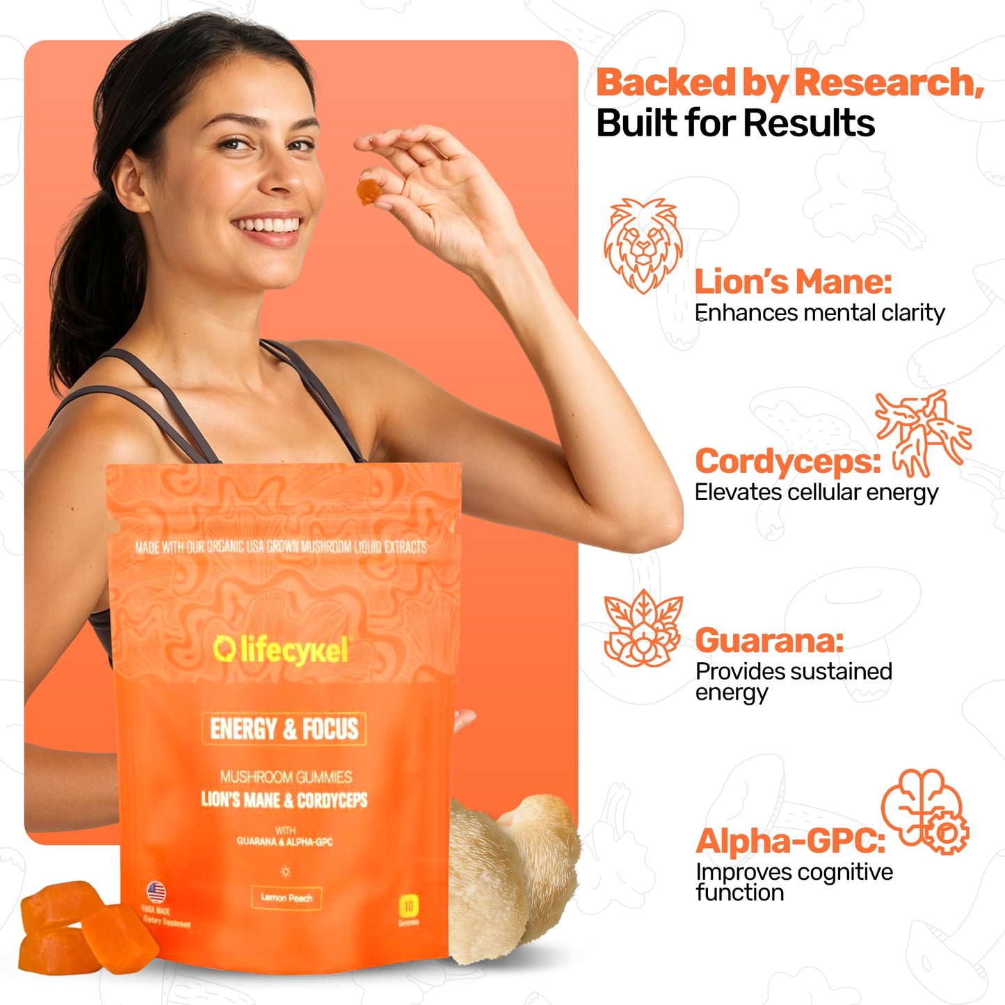 Life Cykel AM Energy and Focus Mushroom Gummies, 10 Count
