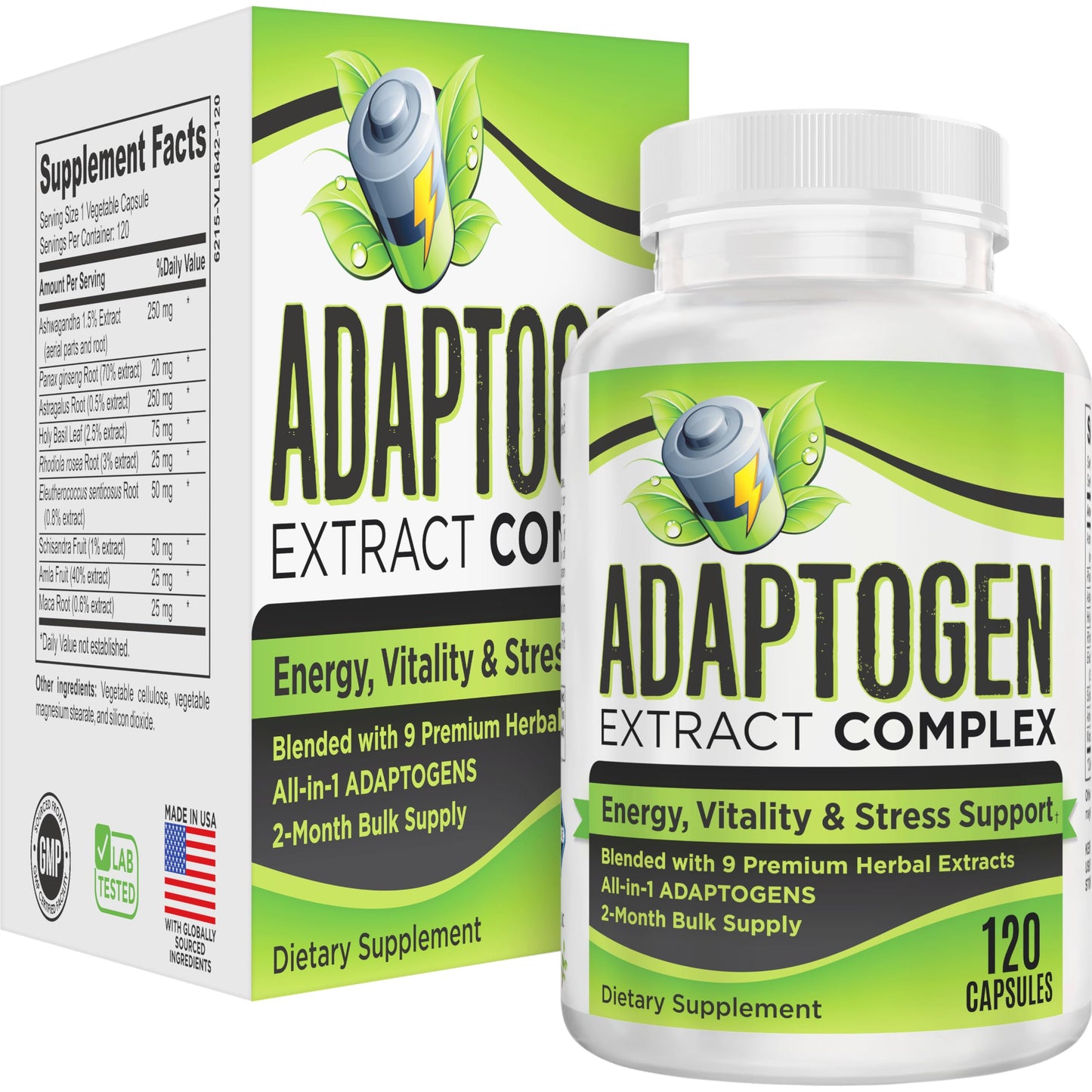 Elevate Recovery Supplements 2-Month Adaptogens Extract/Complex 9-in-1 Adaptogenic Formula for Men & Women Capsules 120 Count