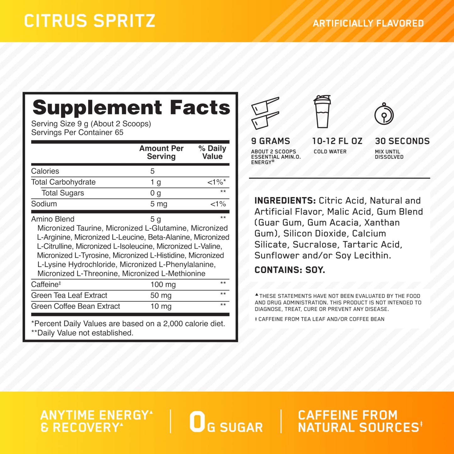 Optimum Nutrition Amino Energy Powder, Citrus Spritz, 20.6 oz
