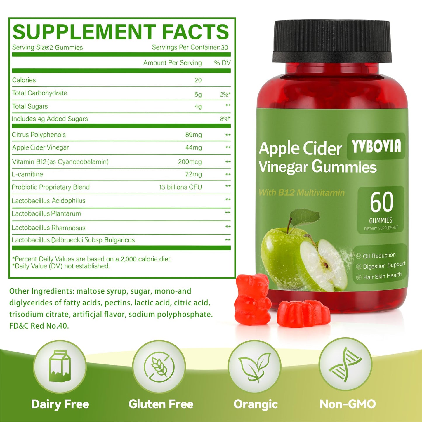 Yvbovia Apple Cider Vinegar Gummies with B12, ACV Supplement, Gluten Free, Vegan, Non-GMO, 60 Gummies