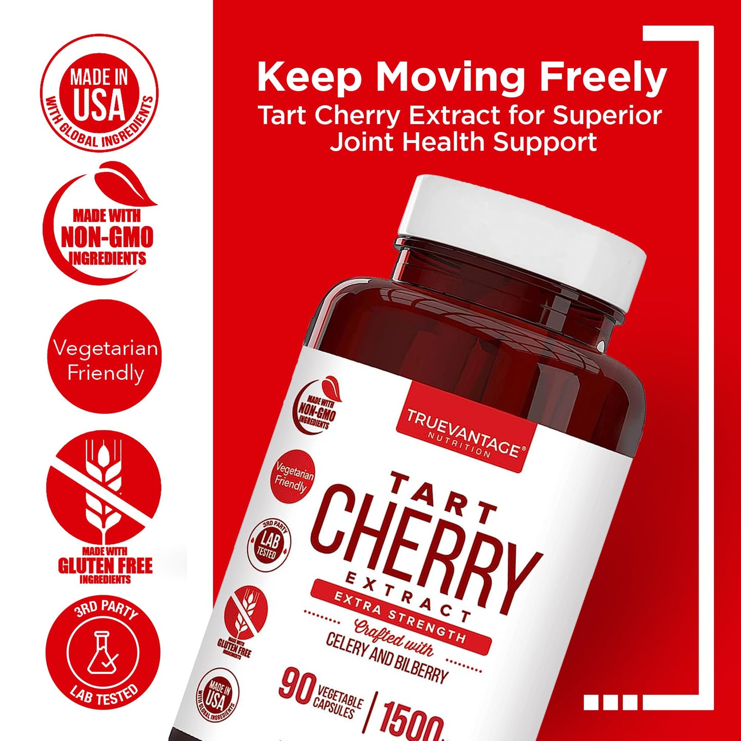 Truevantage Nutrition Tart Cherry Extract Capsules with Celery Seed Extract and Bilberry, 90 Capsules