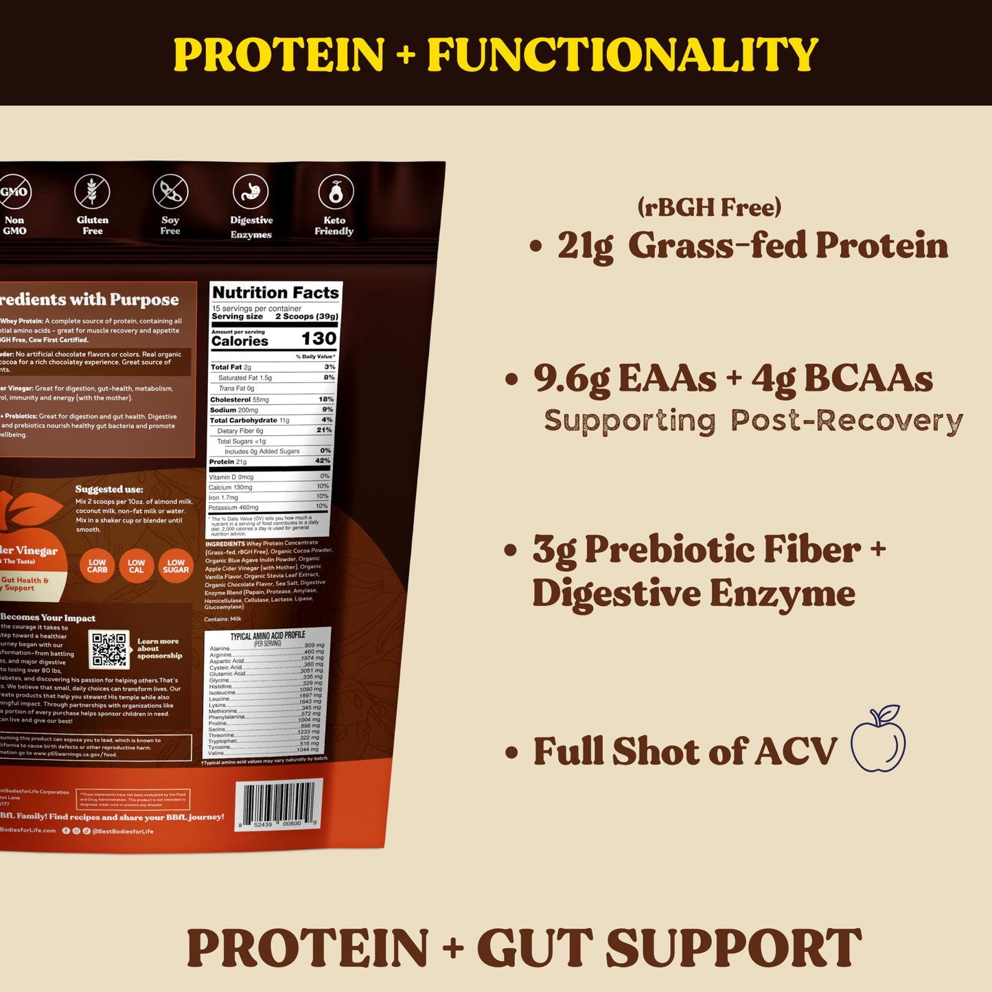 BBfL Grass-Fed Whey Protein Shake Powder 20.6 oz
