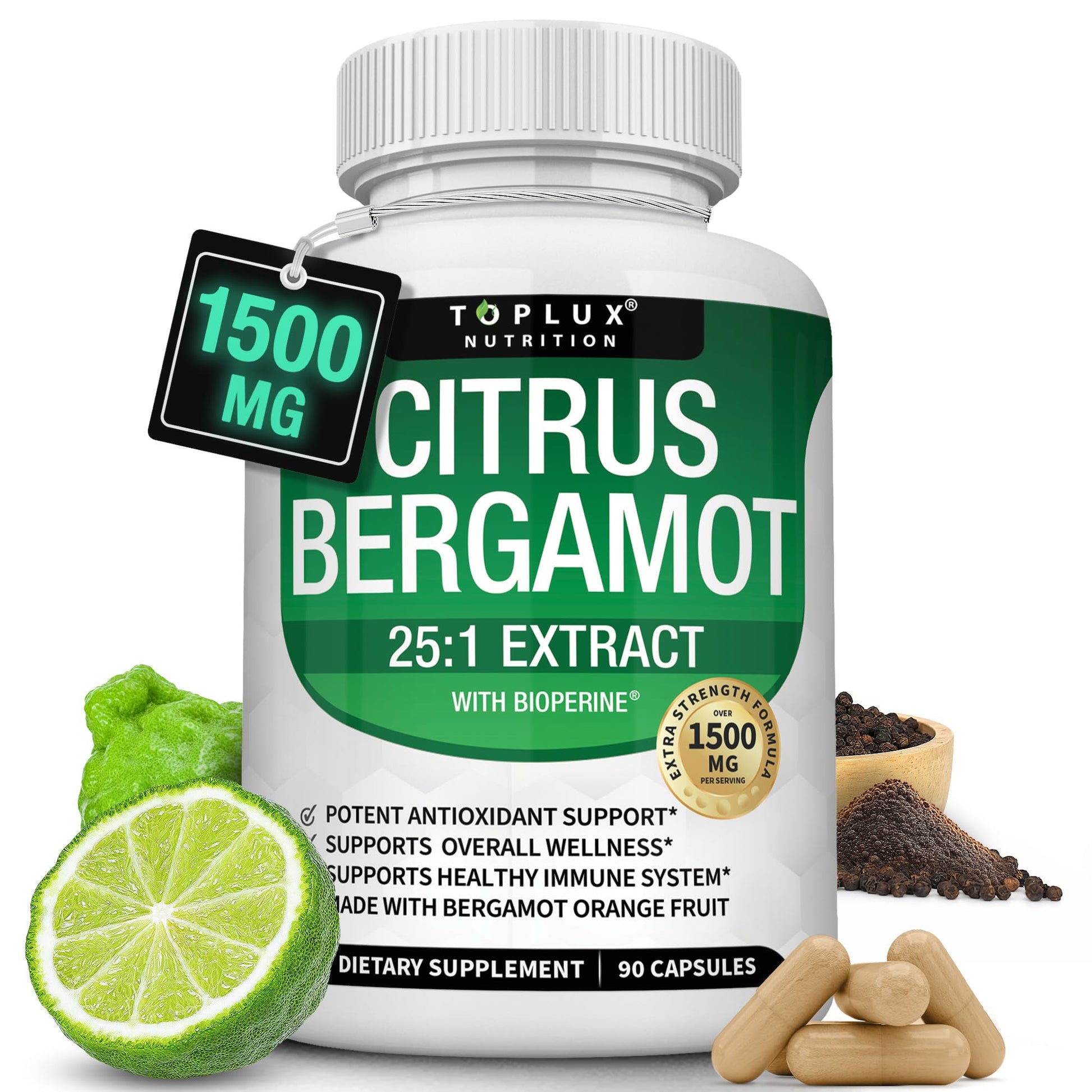 Toplux Citrus Bergamot 1500mg (25:1) Bergamot Extract Capsules, 90 Count