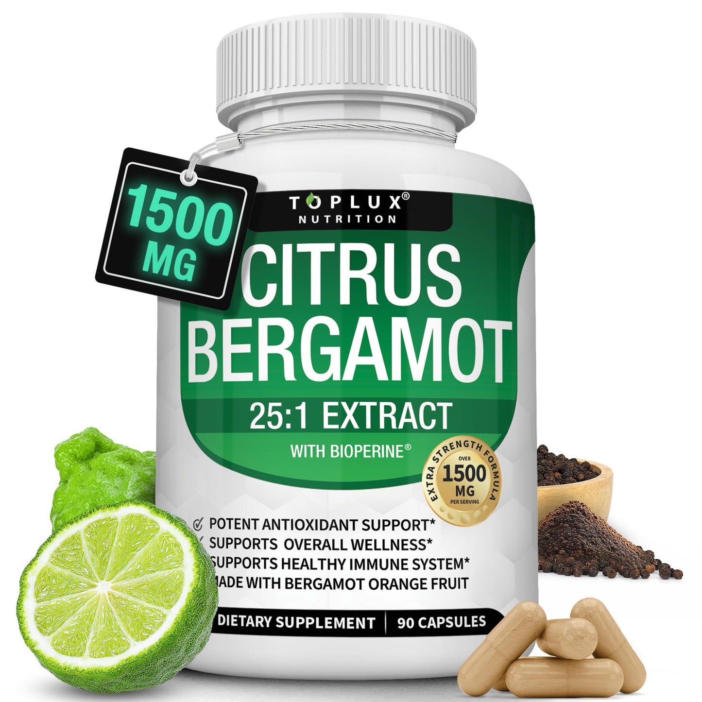 Toplux Citrus Bergamot Supplement 1500mg 25:1 Bergamot Extract Capsules 90 Count
