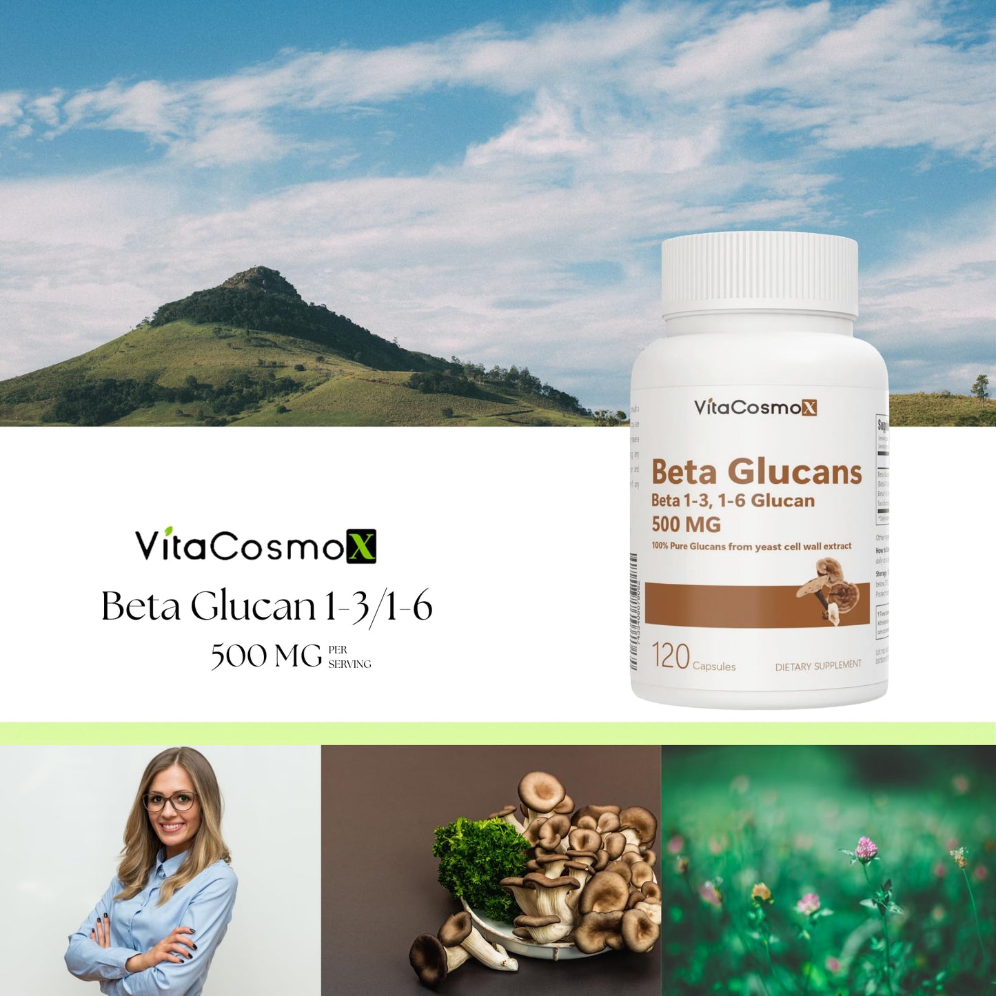 VitaCosmoX Beta Glucan Supplement 500 mg Capsule, 120 Veggie Capsules, Non-GMO, Gluten-Free