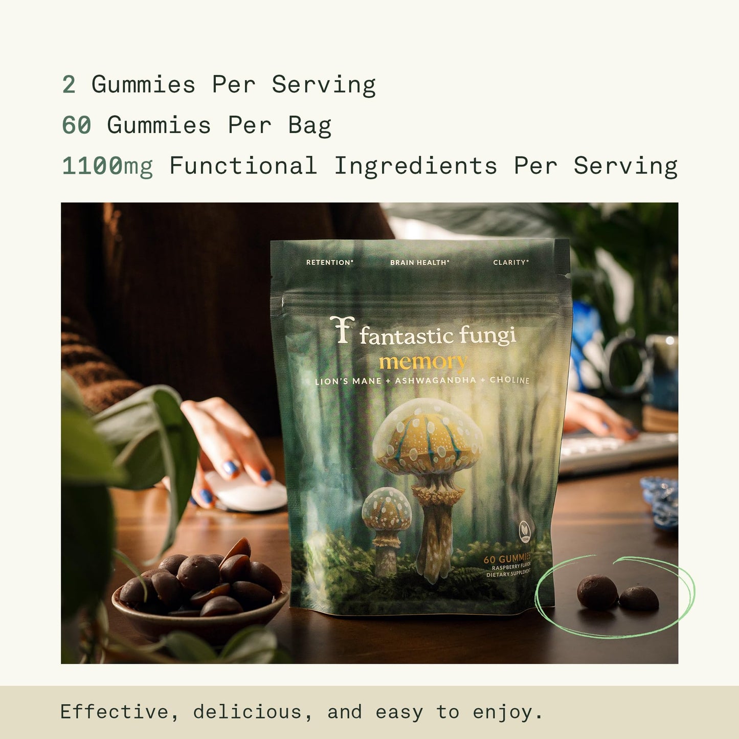 Fantastic Fungi Organic Mushroom Gummies for Focus & Memory, Lions Mane, Choline & Ashwagandha Gummies for Adults, 60 Gummies