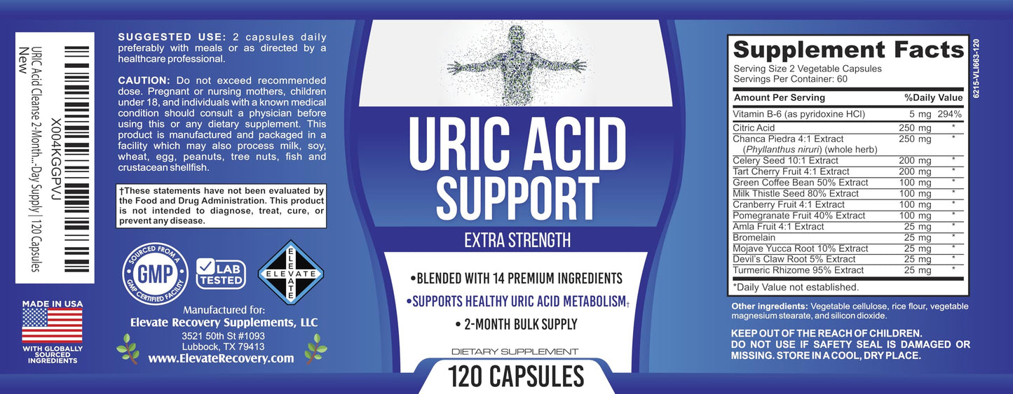 Elevate Recovery Supplements 2-Month Uric Acid Support (14-in-1) Supplement Capsule 120 Capsules