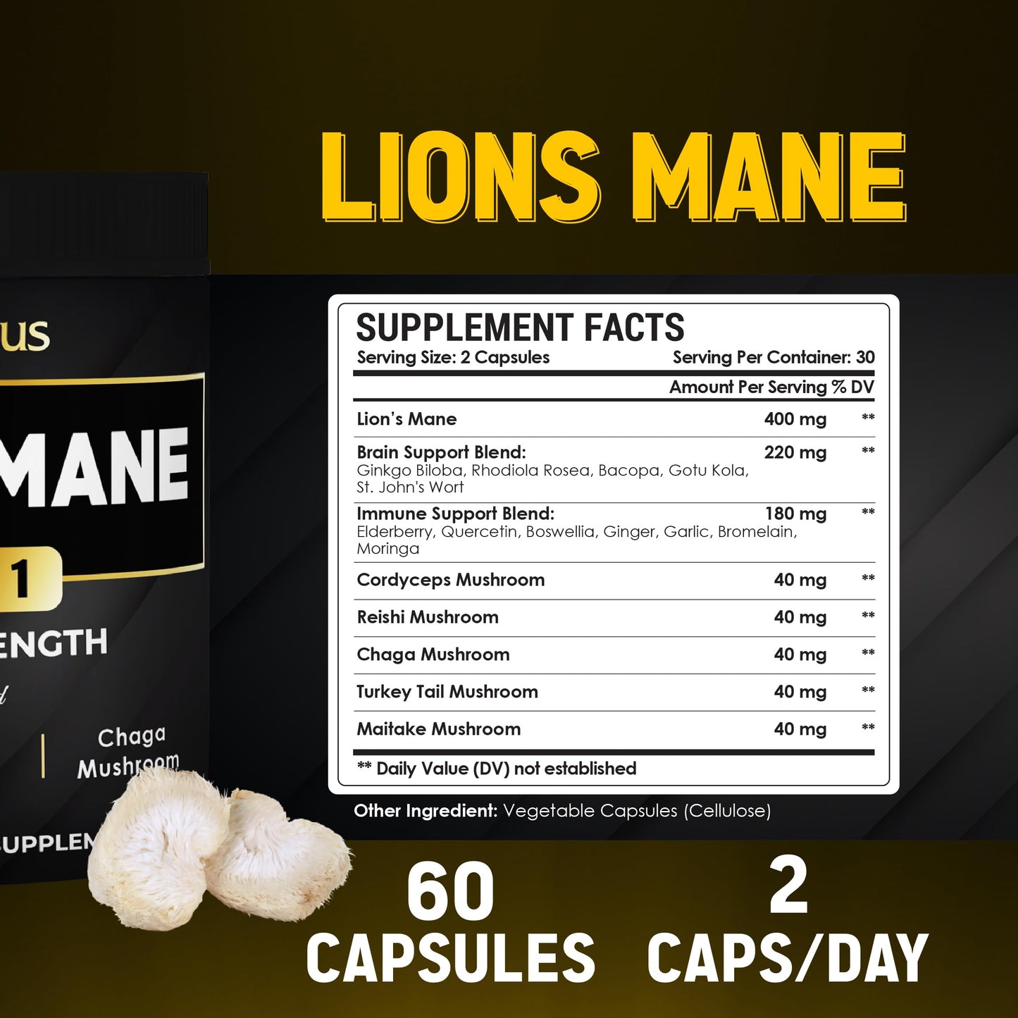 Zolotus Lions Mane Mushroom Capsules with Cordeyceps, Elderberry, Ginkgo Biloba, Bacopa, 60 Capsules