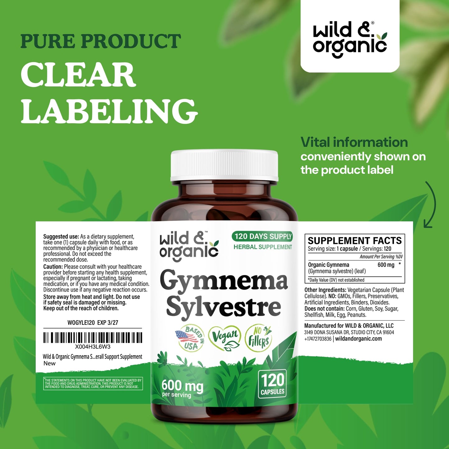 Wild & Organic Gymnema Sylvestre Capsules 600 mg, 120 Count