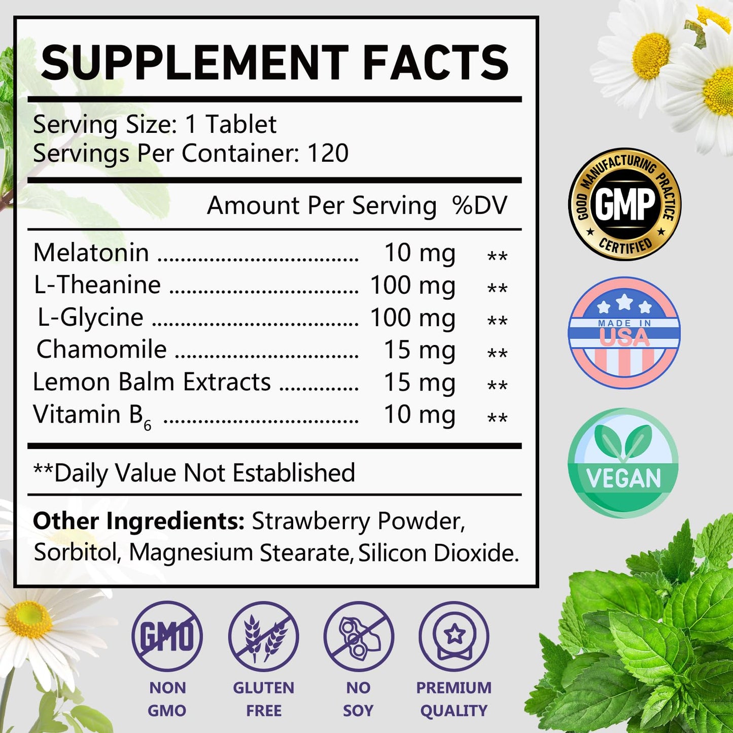 OMOGS Melatonin 10mg Fast Dissolve Tablets with L-Theanine, L-Glycine & Vitamin, Supports Relaxation & Healthy Sleep Cycles, Strawberry Flavor, 90 Tablets