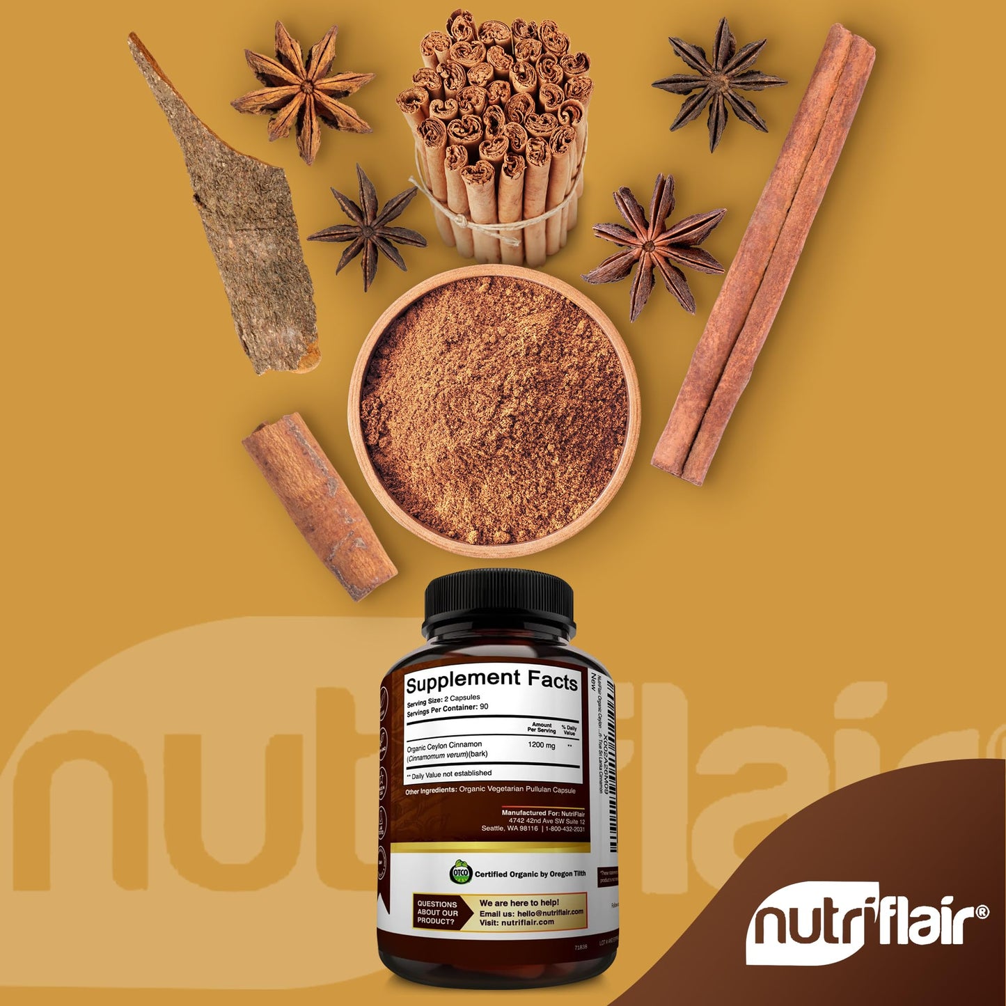 NutriFlair Organic Ceylon Cinnamon Capsules 180 Count