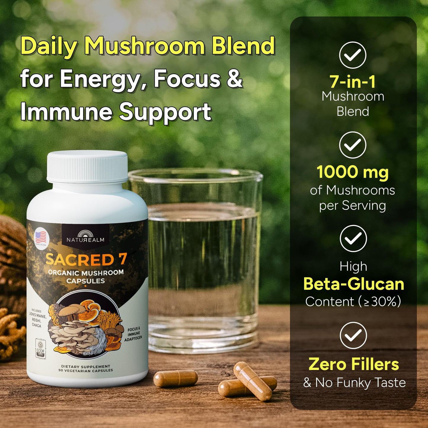 Naturealm Sacred 7 Mushrooms Supplement 1000mg Capsules, 90 Count