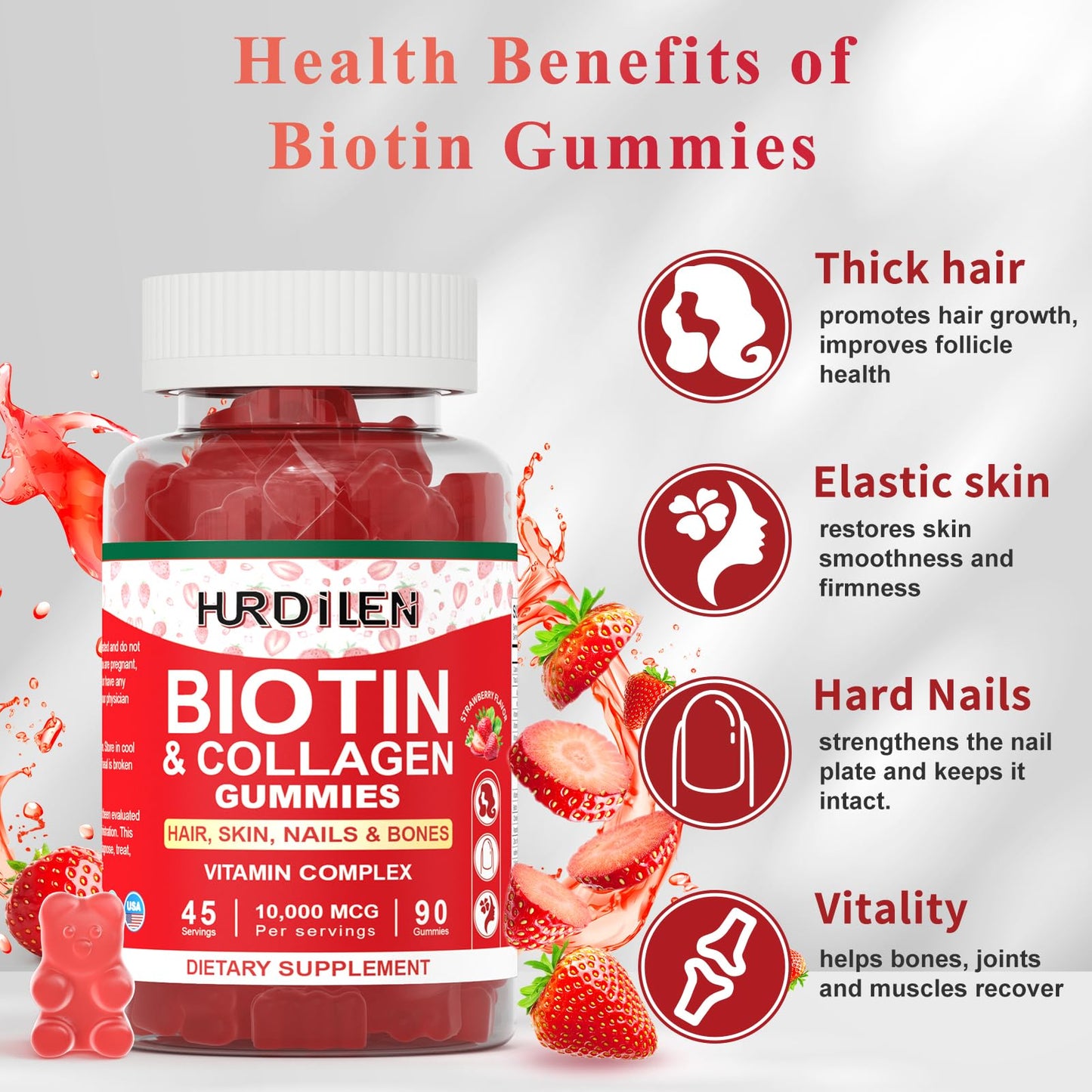 Hurdilen Hair Skin and Nails Gummies Biotin Collagen, 10000mcg, 90 Gummies