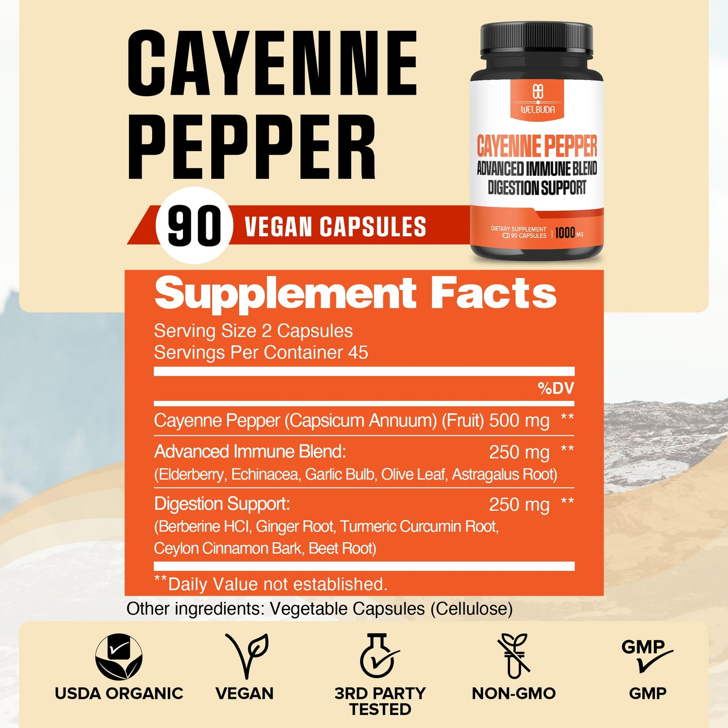 WELBUDA 1000mg Cayenne Pepper Capsules 90 Count