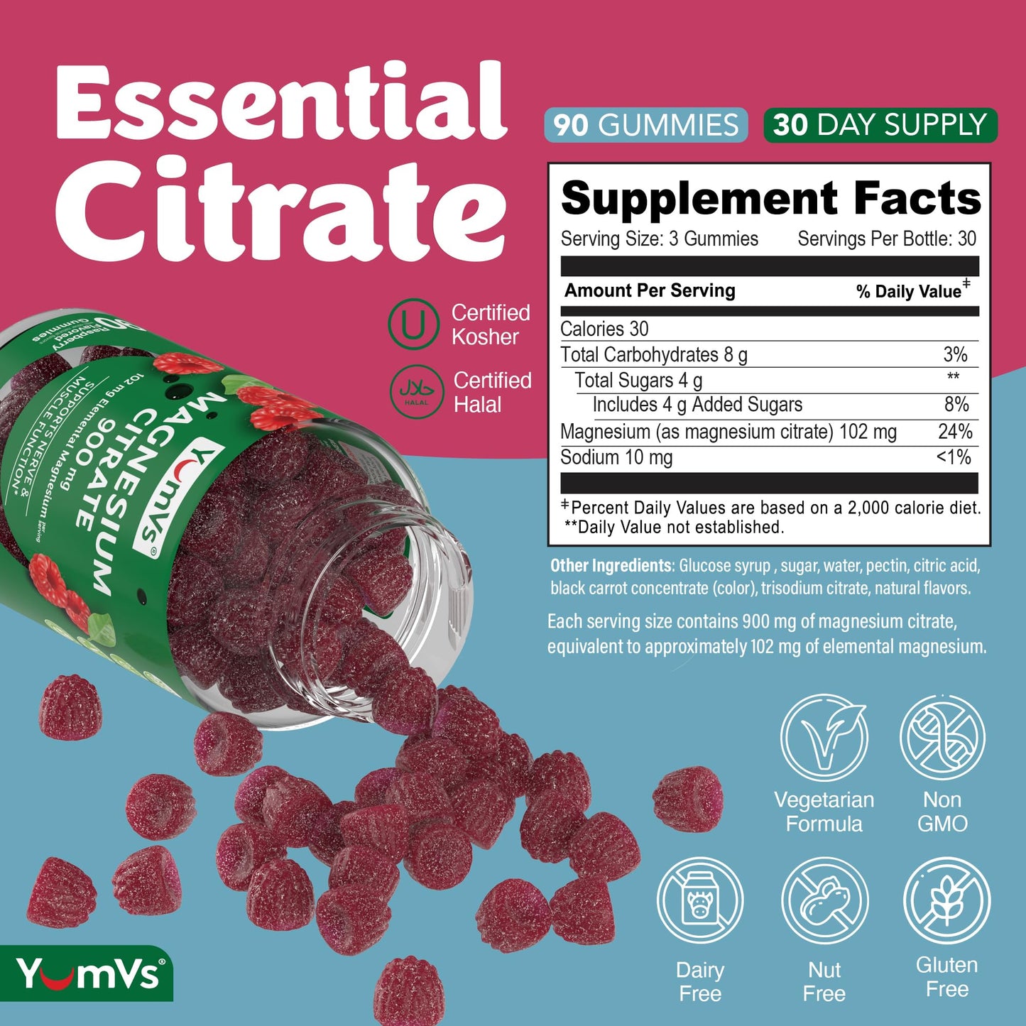 YUM-V'S Magnesium Citrate Gummies 900mg Highly Absorbable Magnesium Gummies for Women & Men to Support Nerve, Muscle & Enzyme Function – Gluten-Free, Kosher & Raspberry Flavor, 90 Count