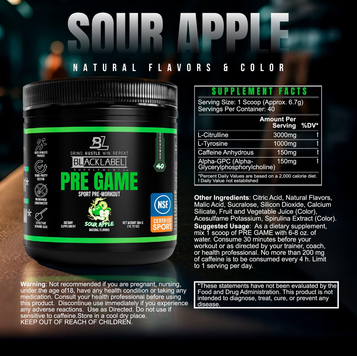 BLACKLABEL Supplements PRE-Game NSF Certified for Sport Pre-Workout Powder 10.72 oz