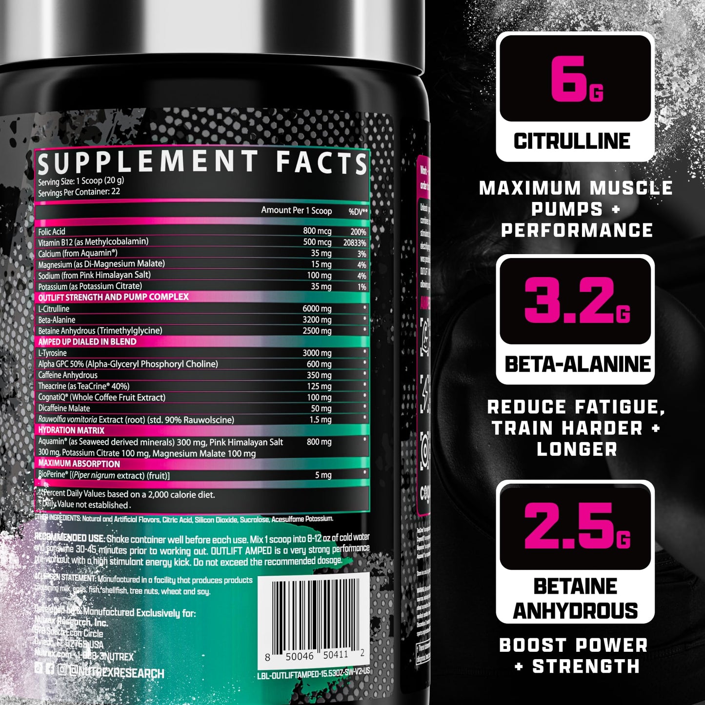 Nutrex Research OUTLIFT Amped Max Dosed HIGH STIM Pre Workout Powder 15.7 oz