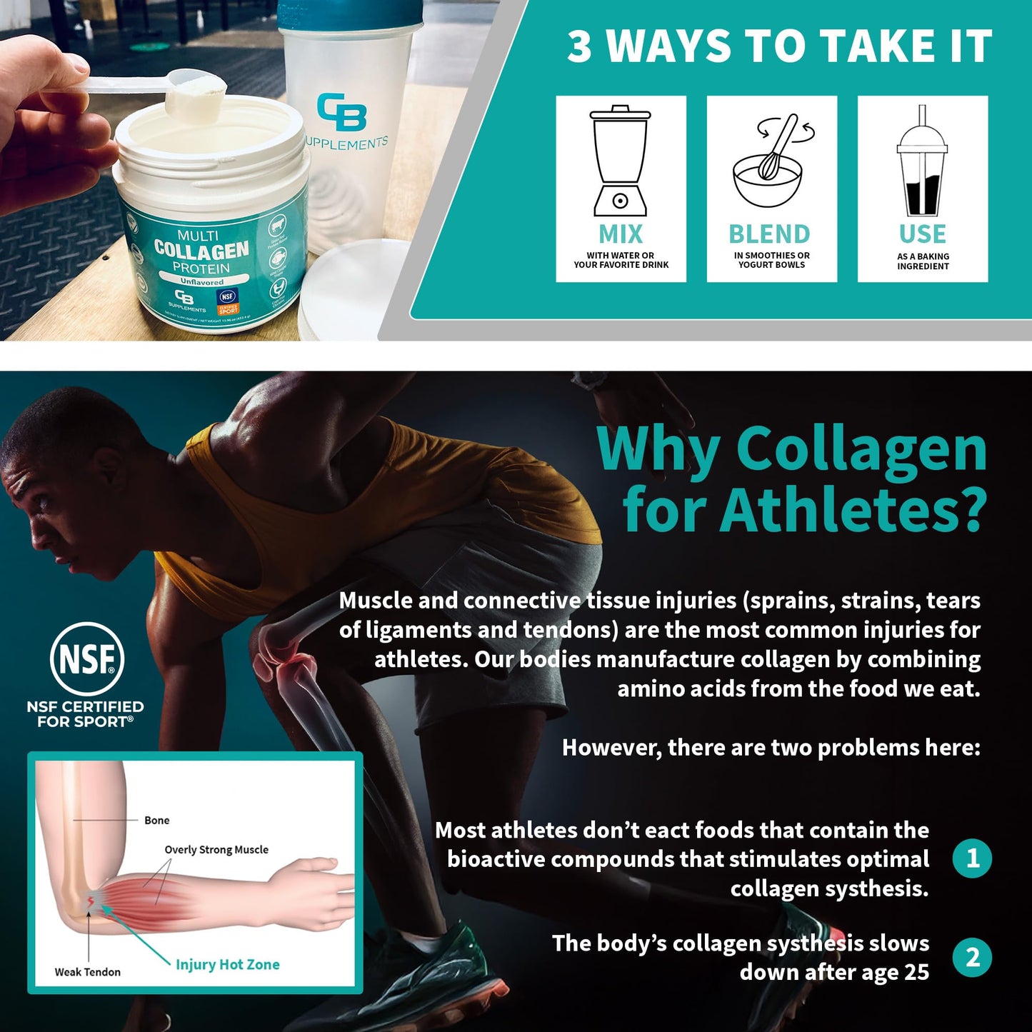CB Supplements NSF Certified for Sport Multi Collagen Protein Powder, 15.9 oz
