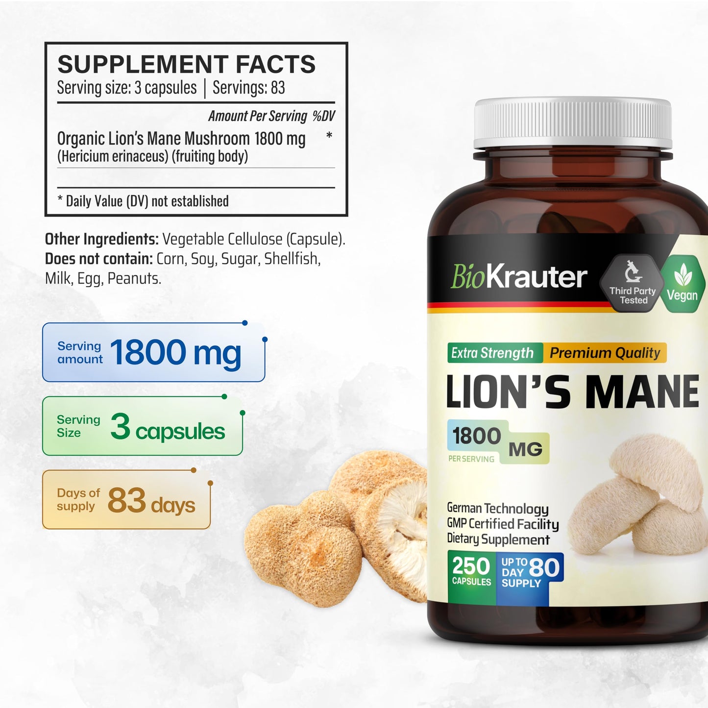 BIO KRAUTER Lions Mane for Focus Support & Brain Health - Vegan Lion's Mane Mushroom Supplement, 1800 mg per Serving, 250 Capsules