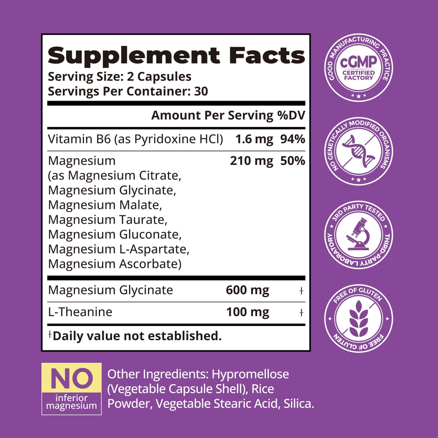 HojaSana Magnesium Complex for Women (Magnesium Glycinate 600mg) with L-Theanine, 60 Capsules