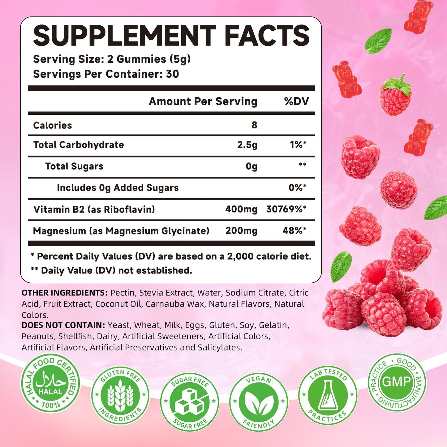 Mchokuu Vitamin B2 Gummies 400mg – Riboflavin Supplement with Magnesium for Kids & Adults, Raspberry Flavor, Sugar Free, Vegan, Non-GMO, 120 Gummies