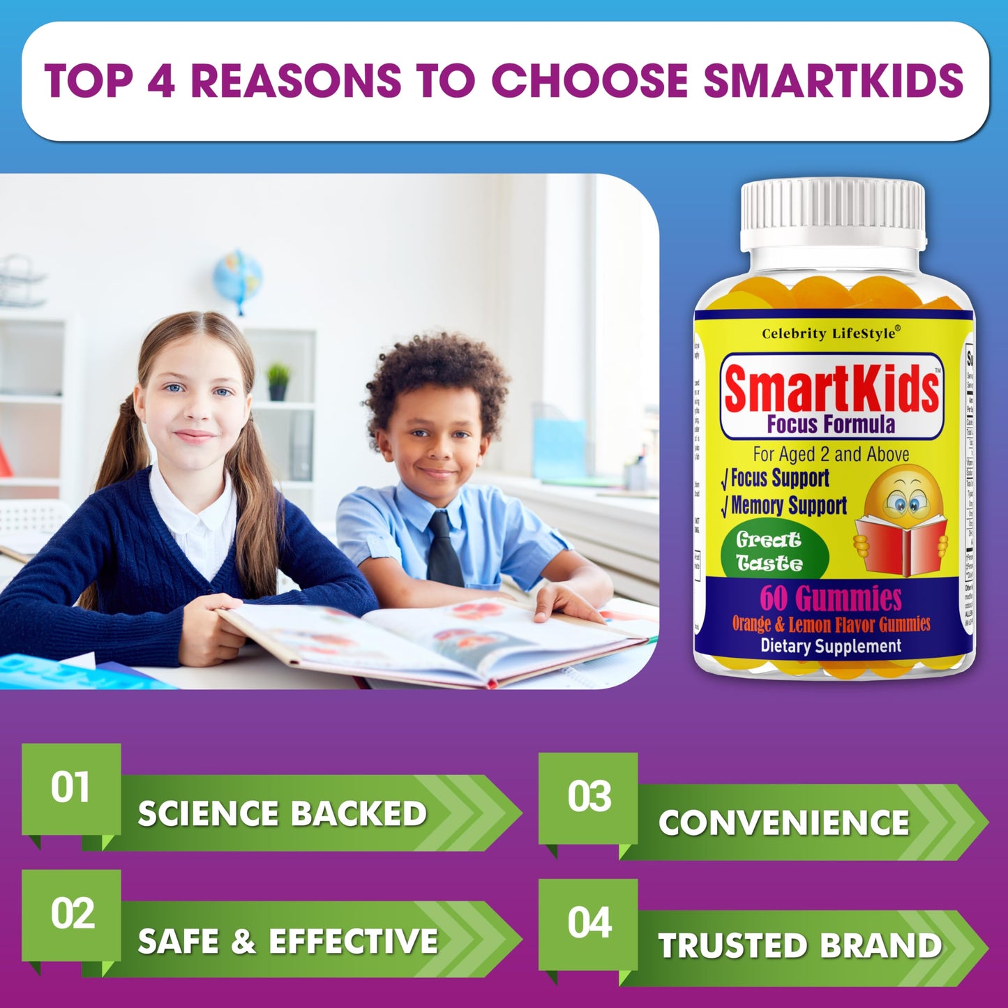 Celebrity LifeStyle Product Smart Kids Focus Gummies with Omega-3-6-9 DHA, Orange Flavor, 60 Gummies